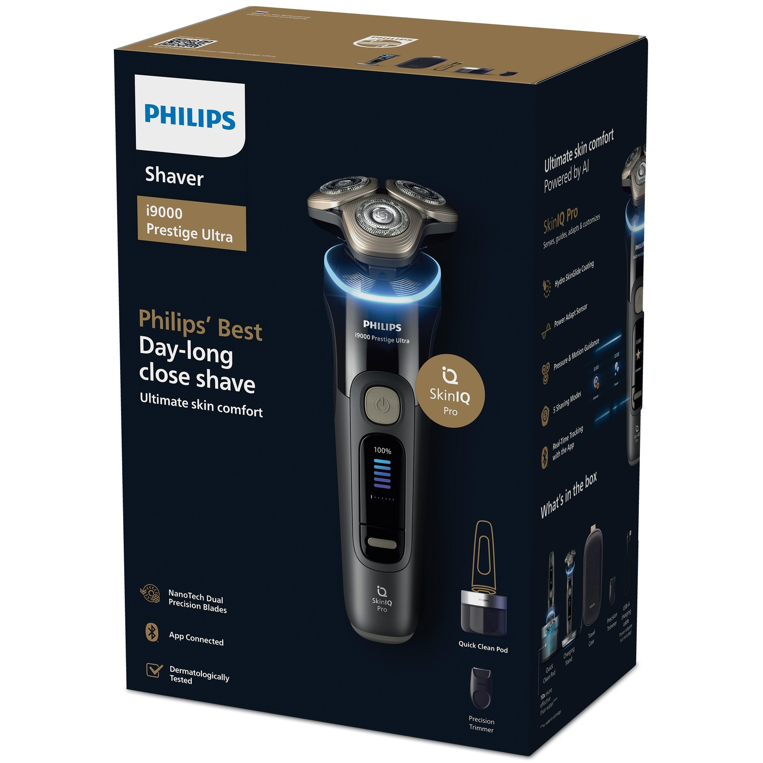 Philips shaver box. Shaver shown with three heads. Text: Philips' Best Day-long close shave.
