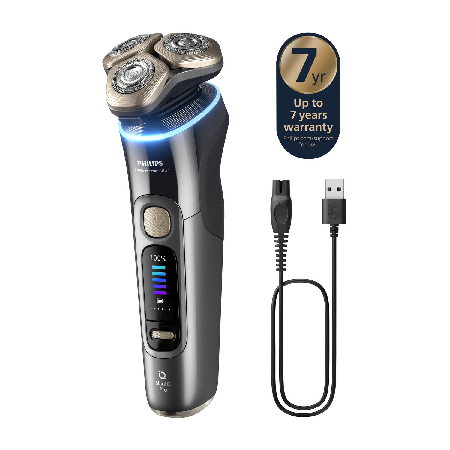 A Philips shaver with a charging cable, warranty info on white background.