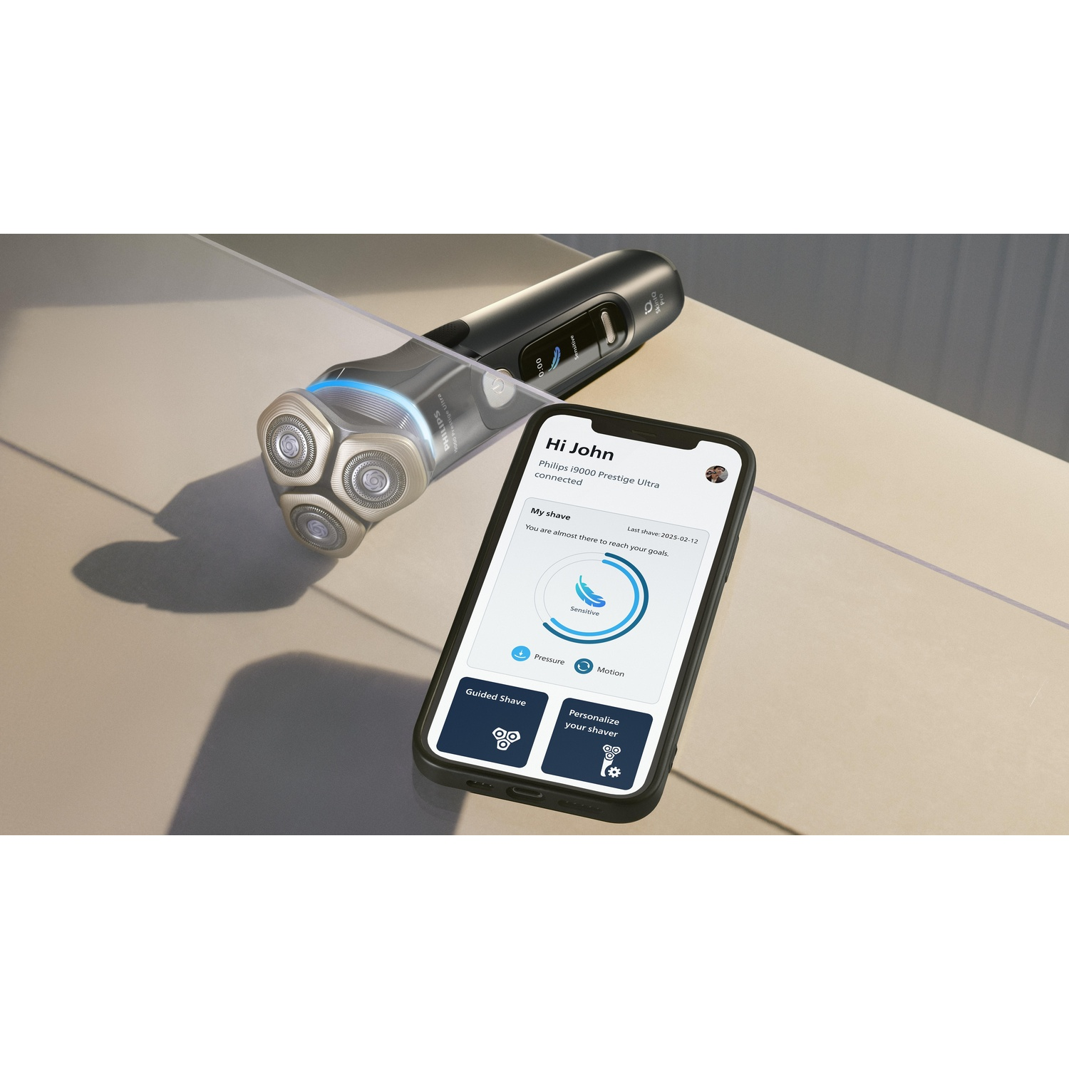 Electric shaver and smartphone showing shave data.