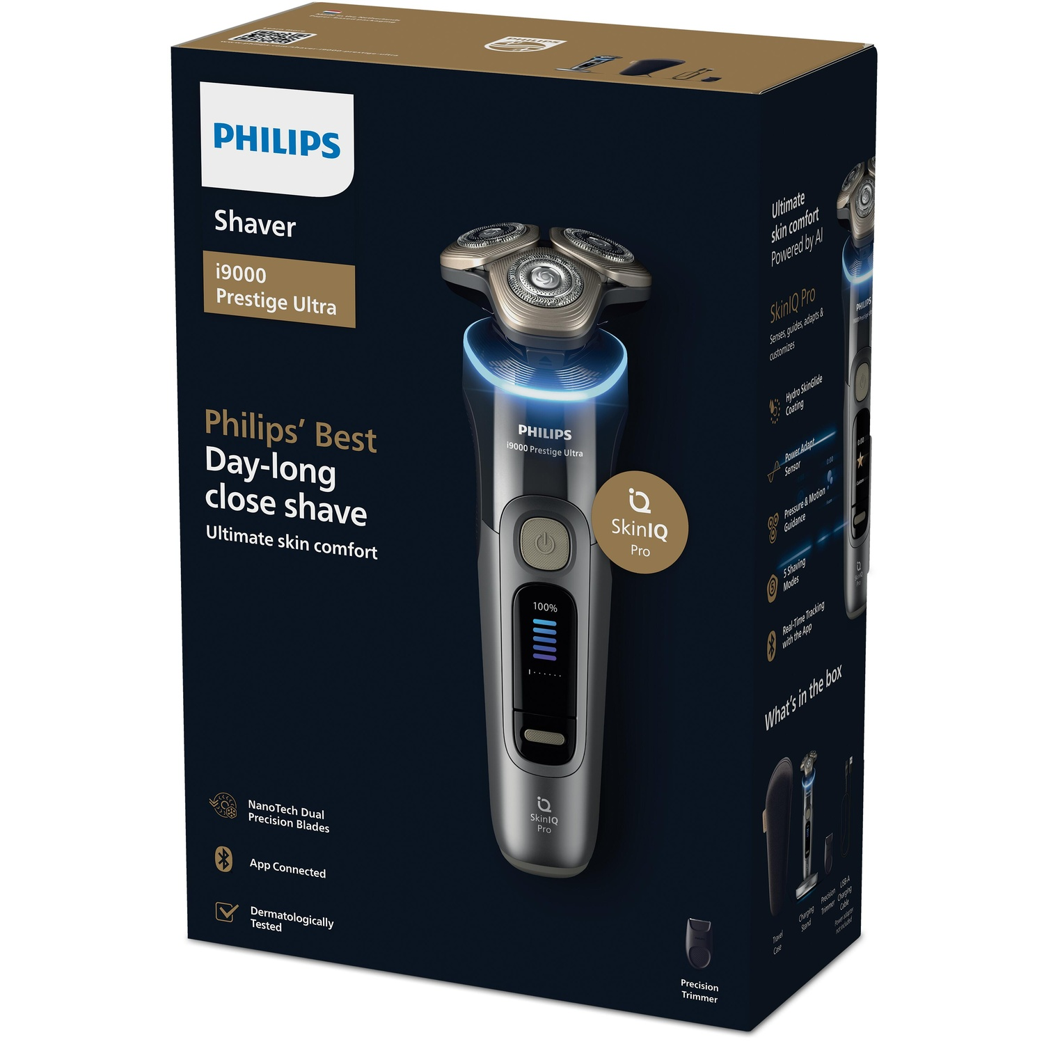 Box for Philips shaver. Grey shaver is on top, blue light.