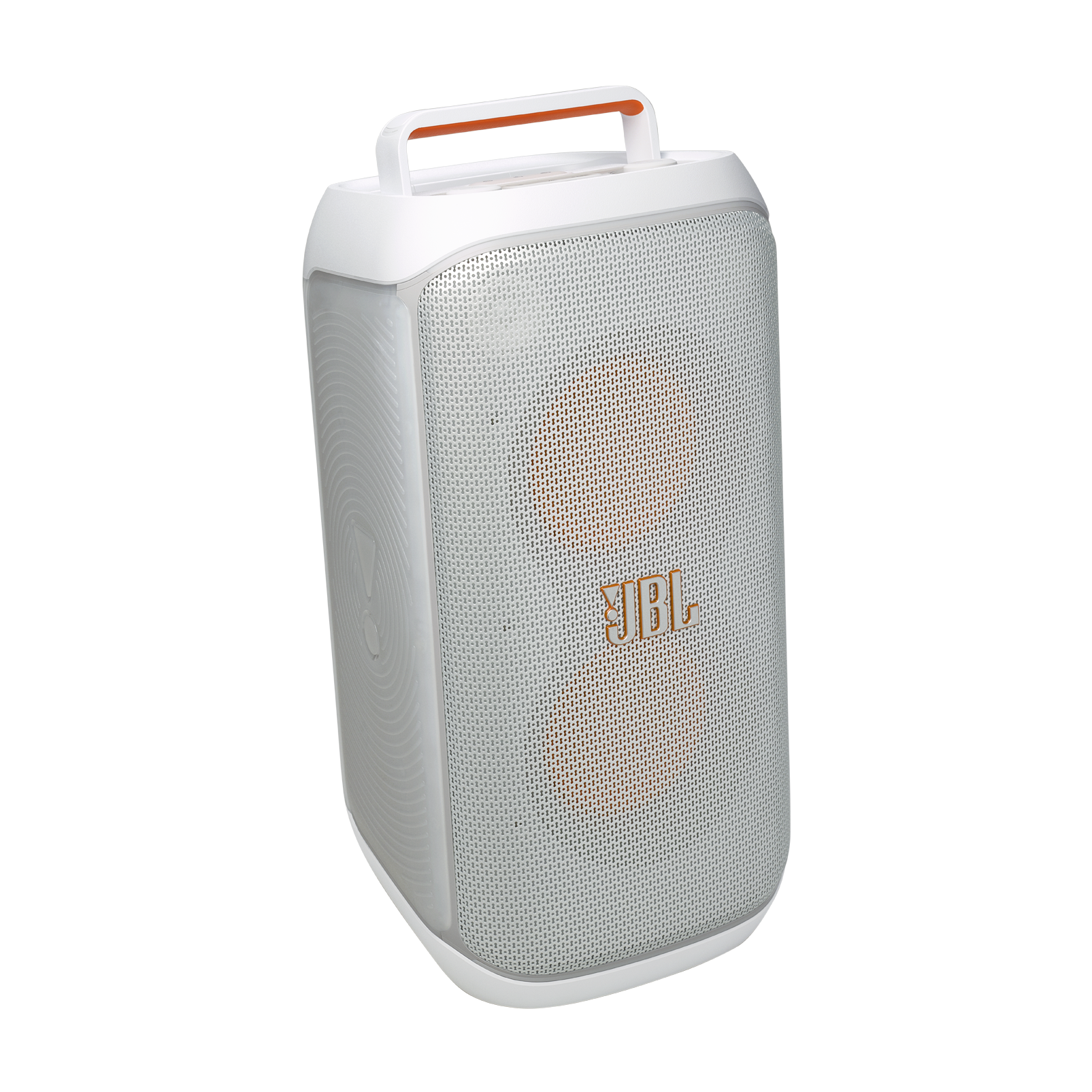 Siyah arka plan üzerinde, beyaz ve turuncu JBL hoparlör, tutma koluyla.