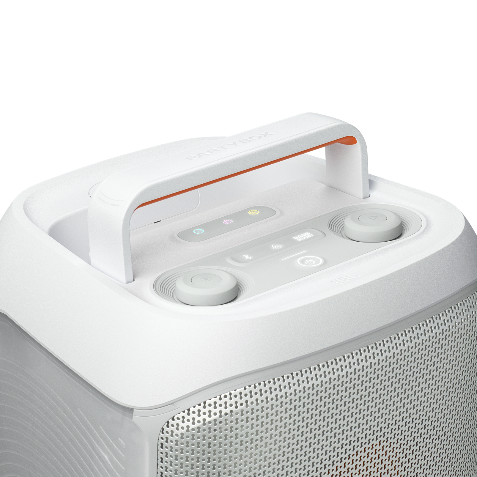 Turuncu bir tutamağı olan beyaz bir JBL PartyBox hoparlörünün üstten görünümü.