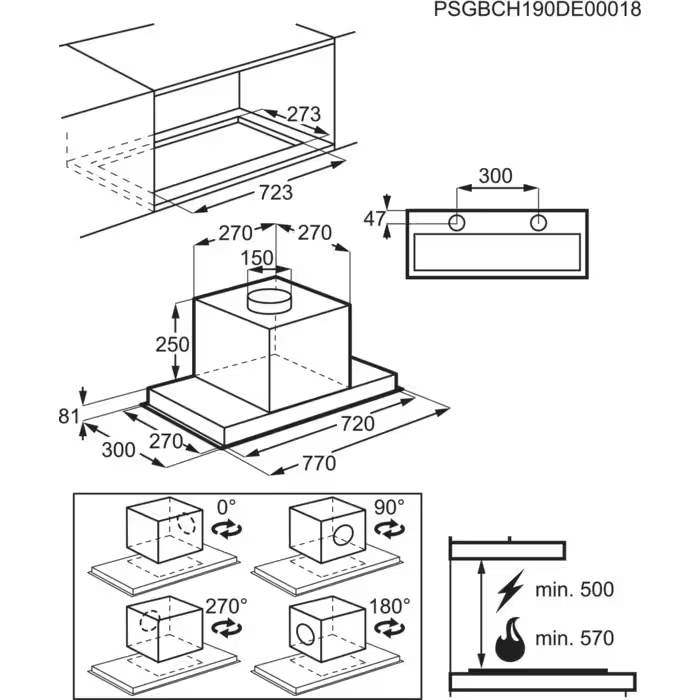 Műszaki rajz konyhai páraelszívó méreteivel, különböző nézetek és szögek láthatók.