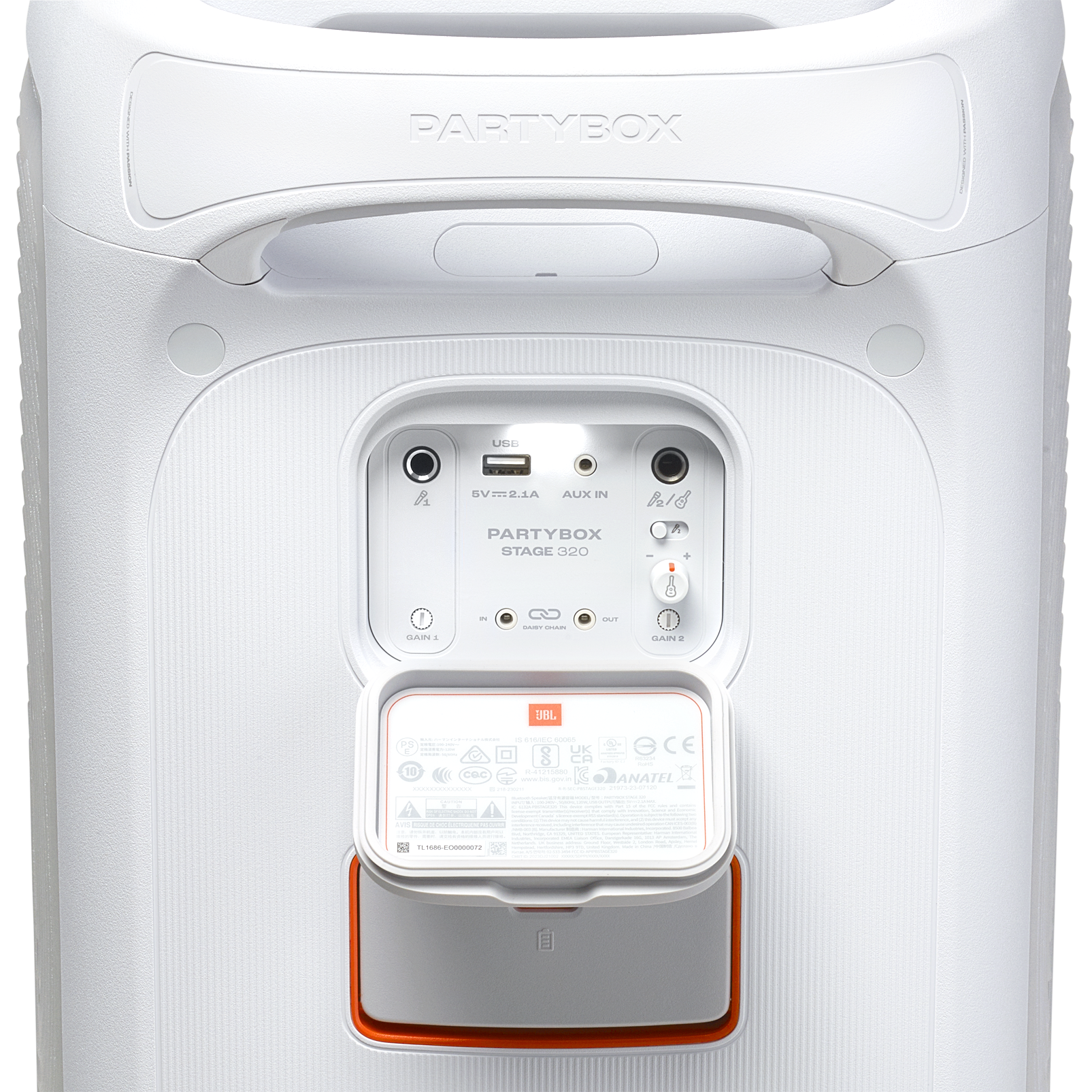 Beyaz JBL PartyBox 320 hoparlör. Görünür USB portu ve girişler.