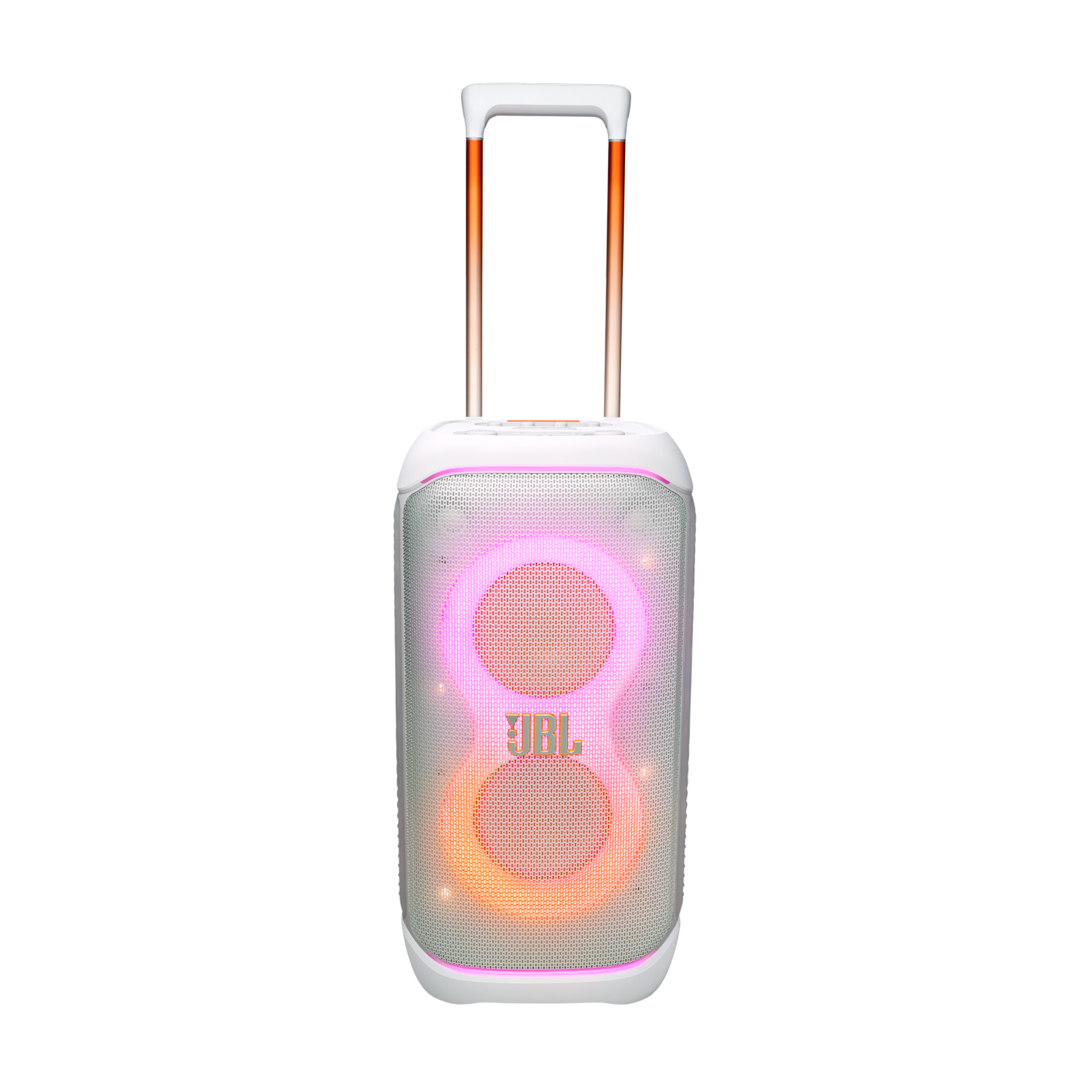 Beyaz JBL hoparlör, aydınlatmalı daireler ve bir tutma kolu ile. Turuncu ve pembe ışıklar. Siyah arka plan.