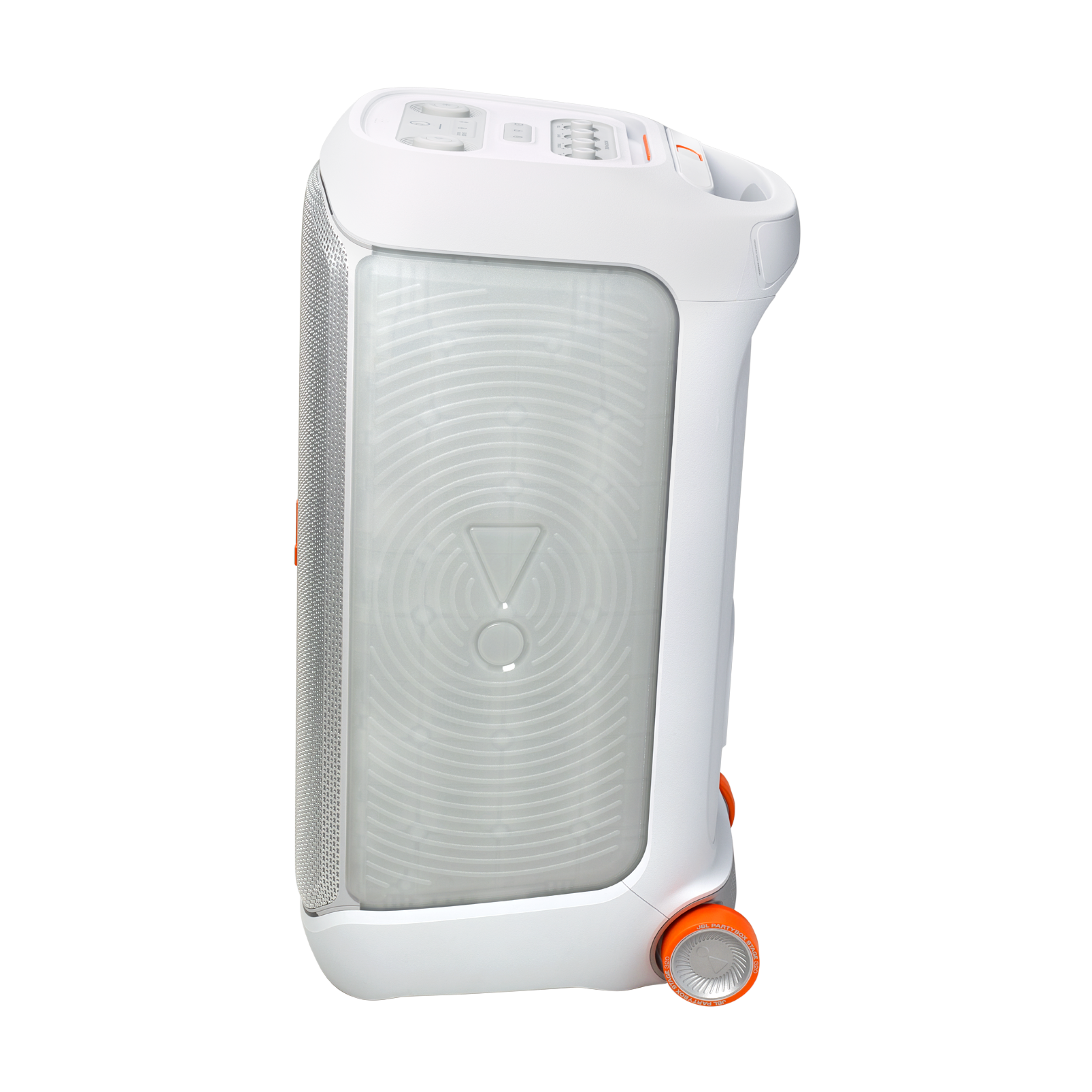 Turuncu detaylara sahip beyaz bir JBL hoparlör, yan görünüm, merkezi bir logo ve üstte kontroller.