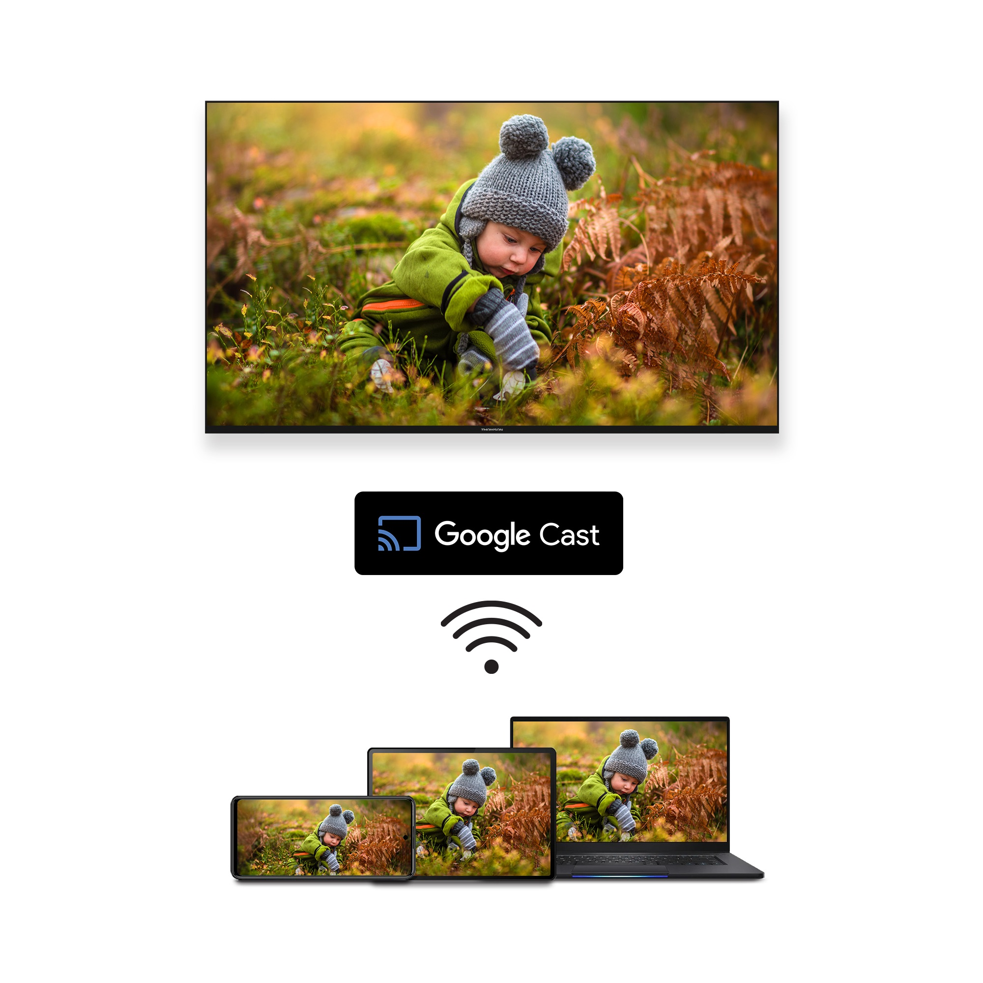 Bir TV ekranında bir bebek gösteriliyor. Birden fazla cihaz aynı görüntüyü Google Cast aracılığ ıyla gösteriyor.