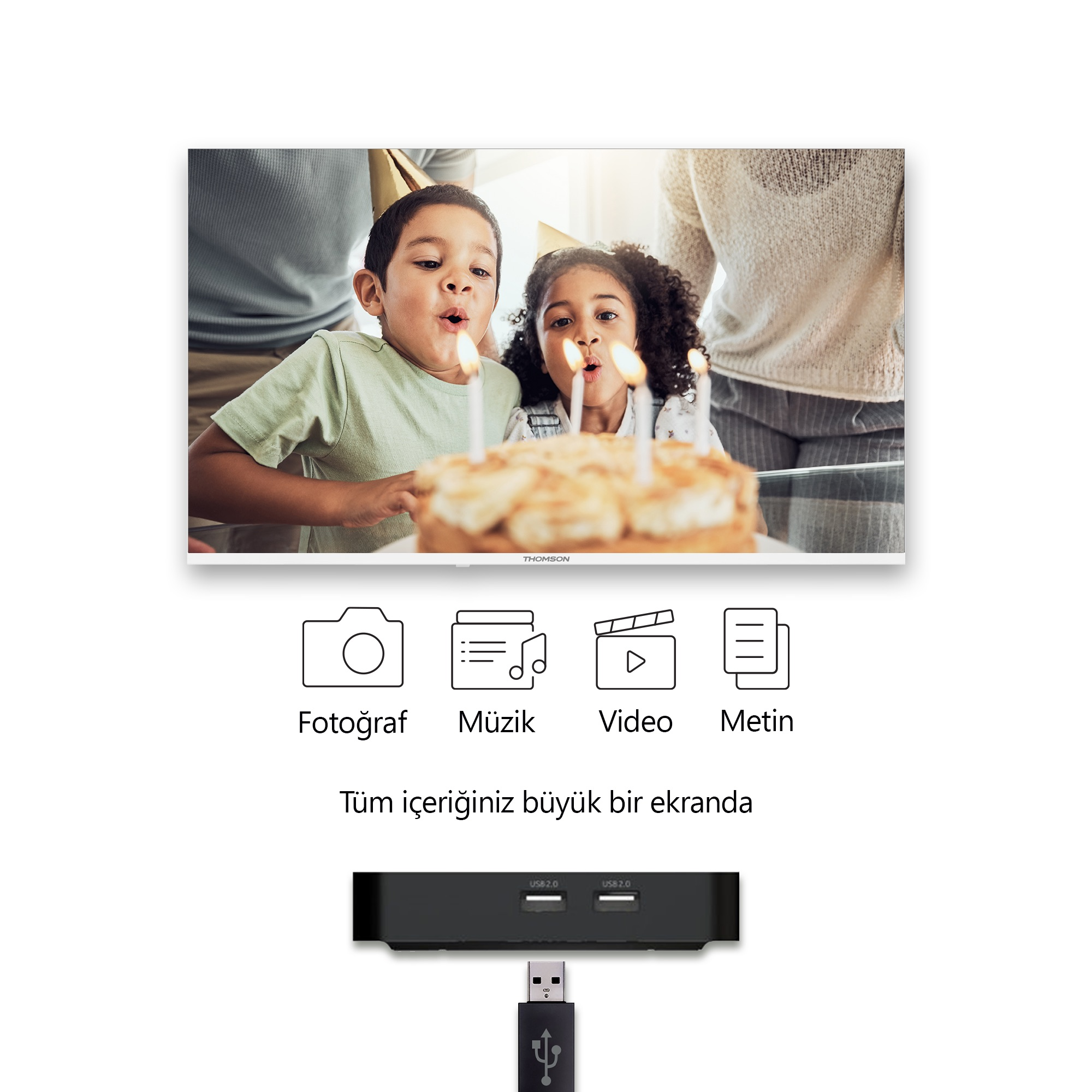 Çocukların pasta üzerindeki mumları üflediği TV ekranı. Ekranın altında simgeler.