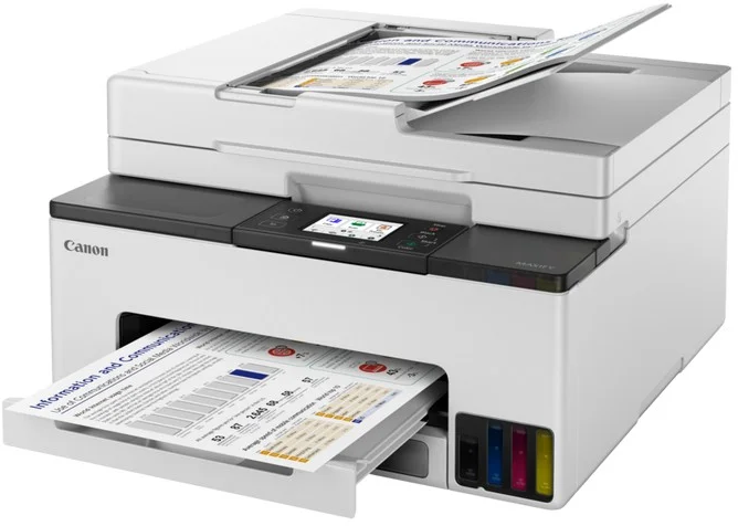 Egy Canon nyomtató fehér testtel, dokumentumokat nyomtat, fekete tetővel és képernyővel.