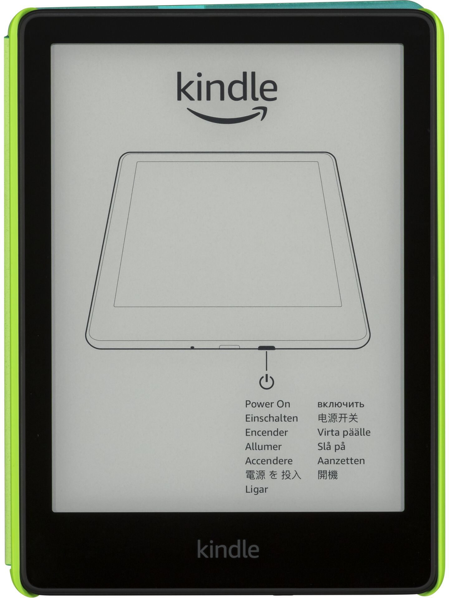 Fekete-zöld Kindle, bekapcsolási szimbólumot és szöveget tartalmazó képernyővel.