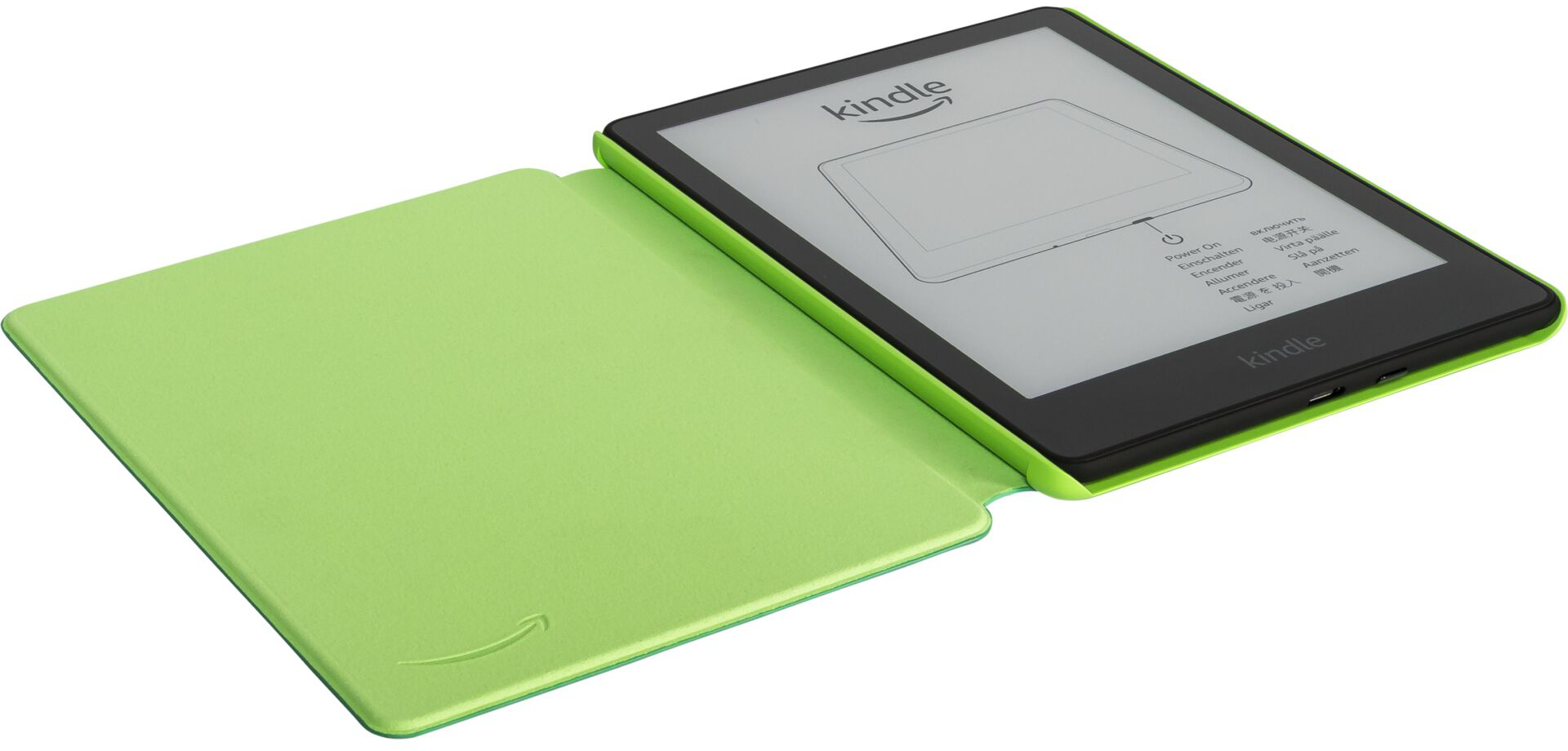 Egy zöld Kindle e-olvasó nyitott borítóval, ami a képernyőt mutatja.