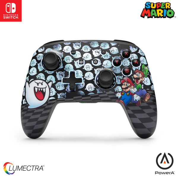 Nintendo Switch Pro Controller, Mario & Luigi darauf, Boo der Geist, schwarz-graues Schachbrettmuster.