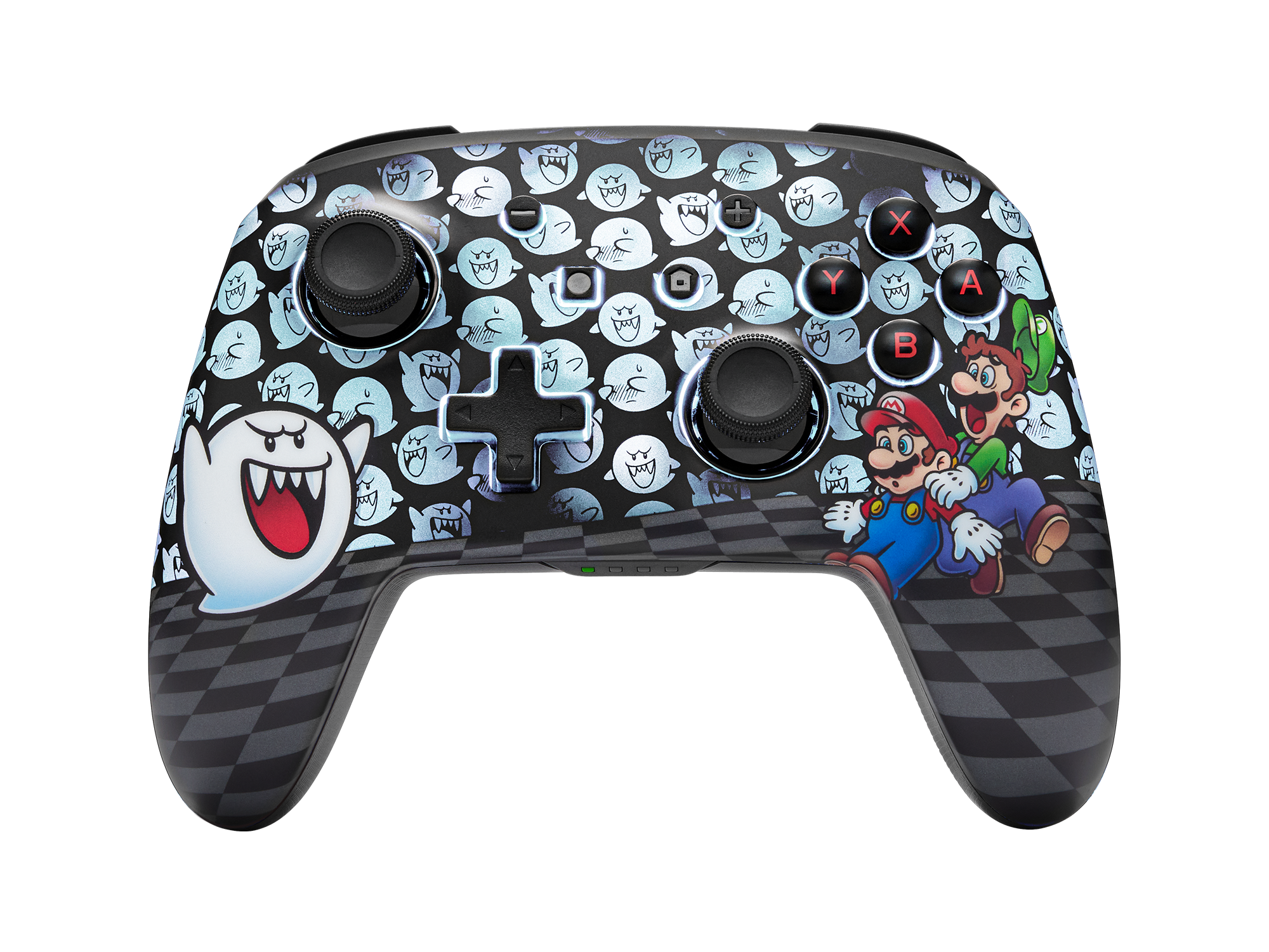 Benutzerdefinierter Nintendo Switch-Controller mit Boo- und Mario/Luigi-Design auf schwarzem Grund.