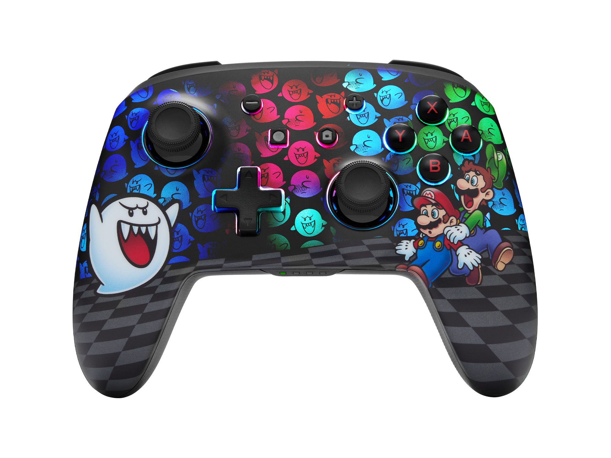 Schwarzer Nintendo Switch-Controller mit Mario und Luigi, umgeben von Geistern.