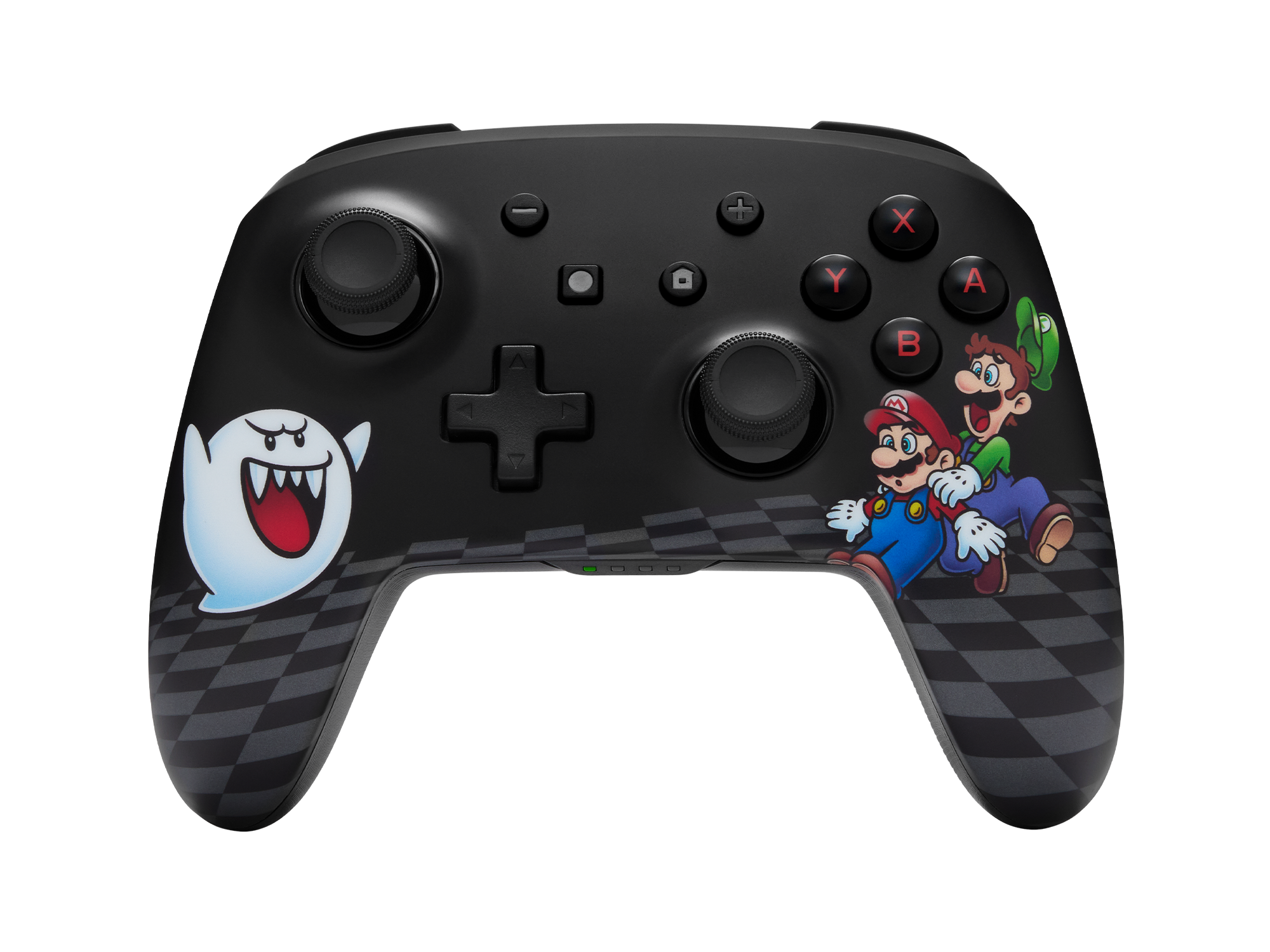 Schwarzer Nintendo Switch Controller mit Mario, Luigi und Boo Grafik, schräge Ansicht.