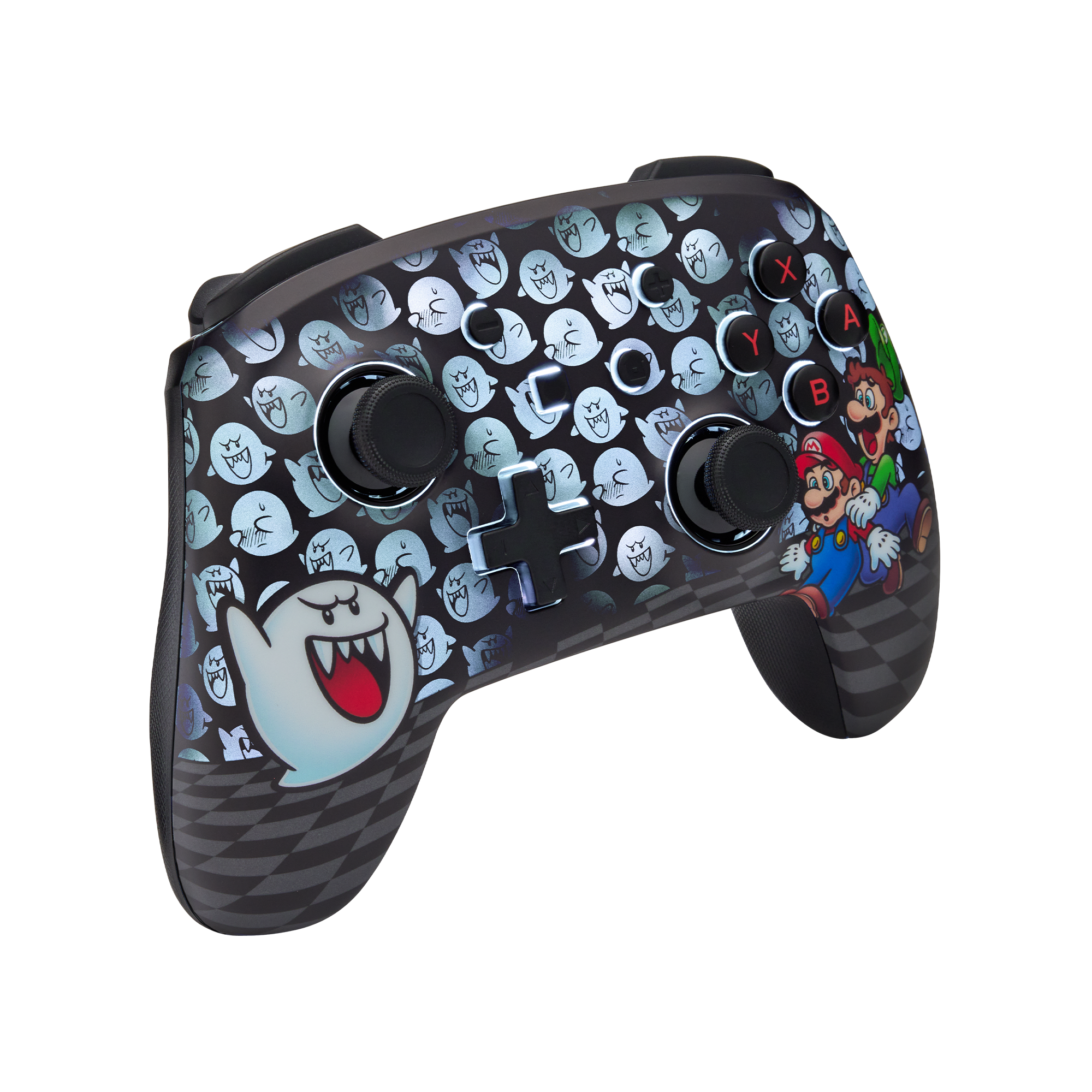 Nintendo Switch Pro Controller mit einem Boo-Design. Der Hintergrund ist schwarz.