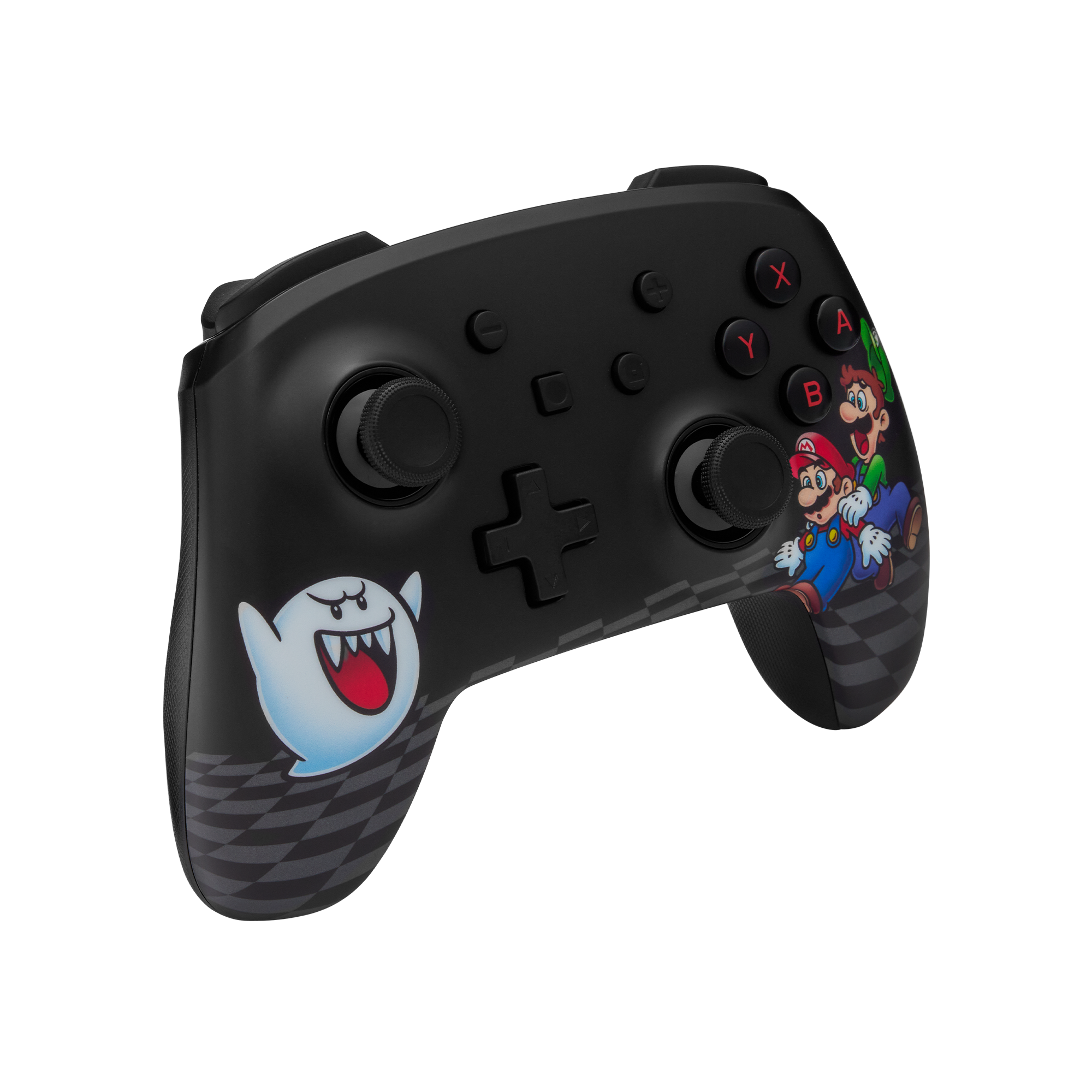 Schwarzer Nintendo Switch Controller mit Mario, Luigi und Boo. Knöpfe sind farbenfroh.