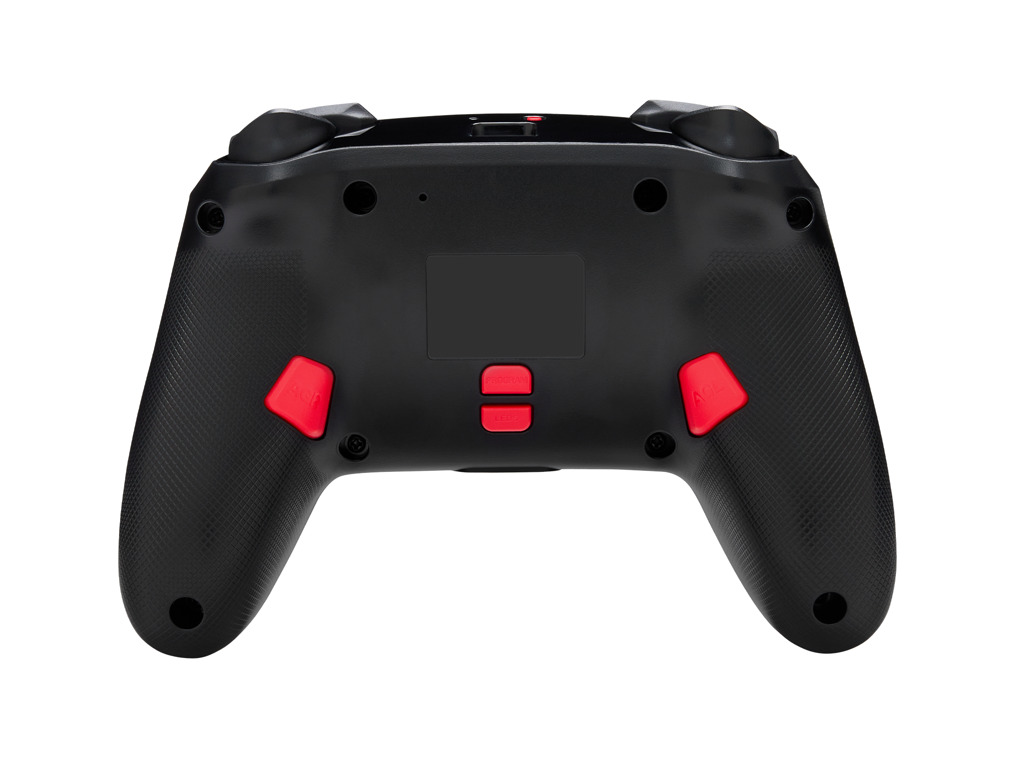 Schwarzer Gamecontroller, Rückansicht. Rote Knöpfe, strukturierte Griffe. Knöpfe: Teilen, Menü.