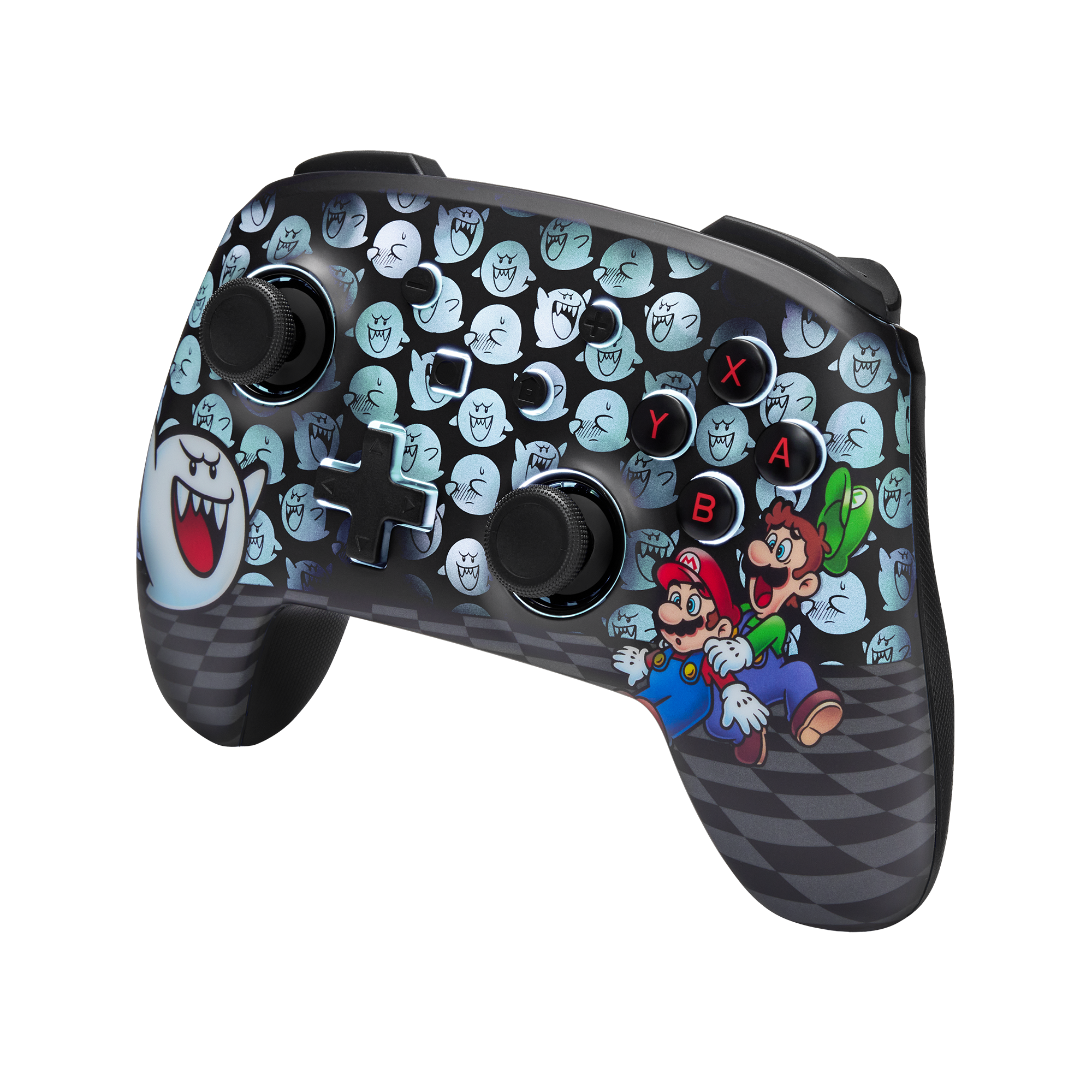 Ein schwarzer Controller mit Comicfiguren. Mario, Luigi und ein Geist sind auf dem Controller.