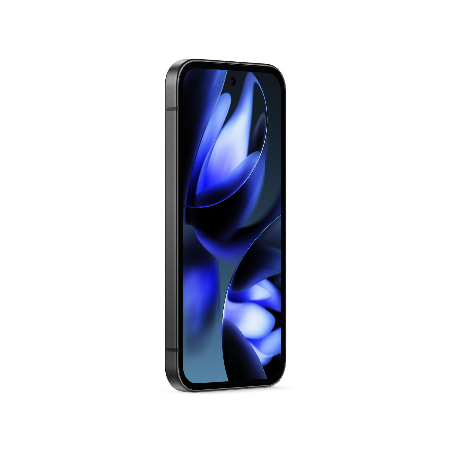 Un teléfono con marco negro y una pantalla que muestra una imagen azul.