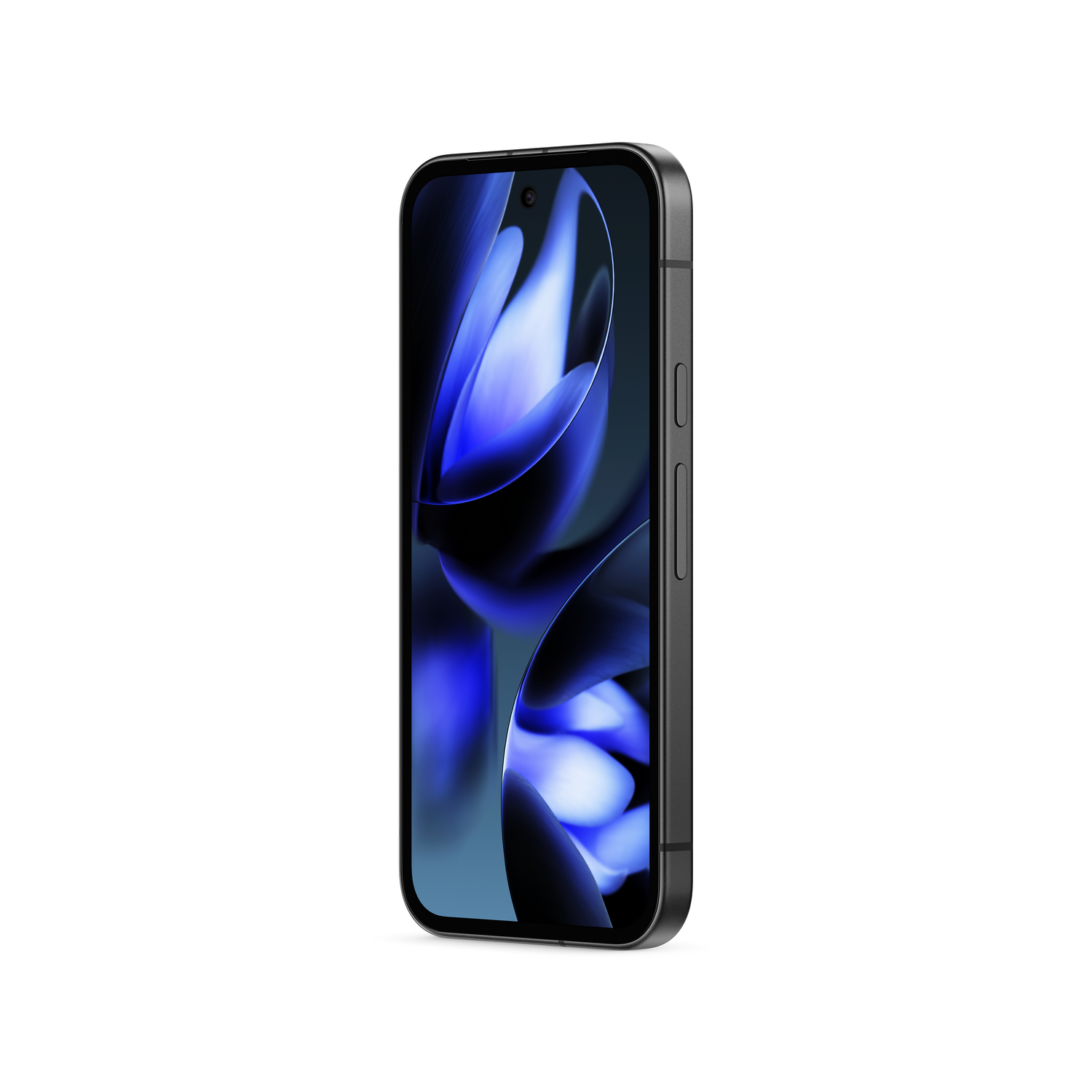 Un smartphone negro con fondo azul en su pantalla, vista lateral, aislado.