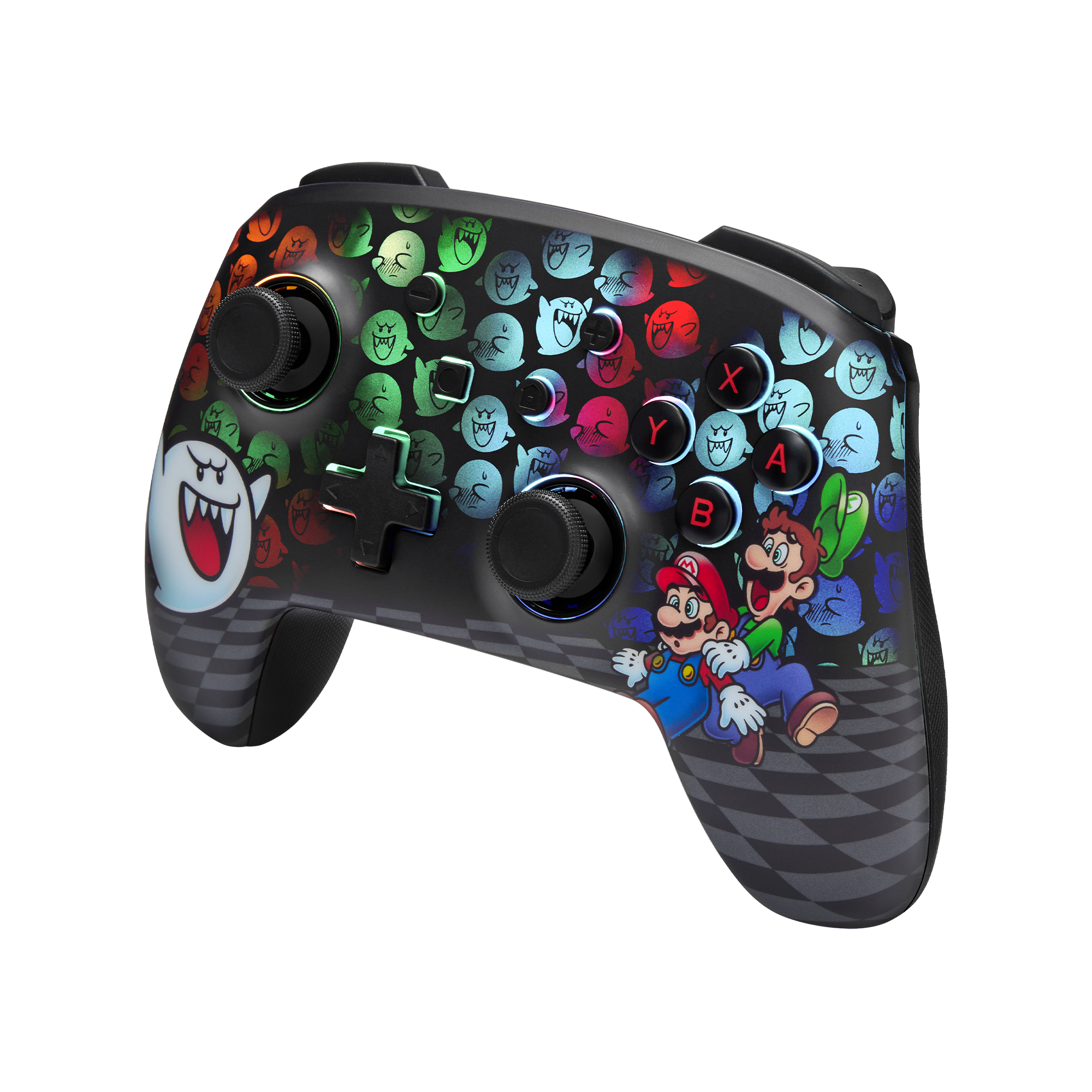 Ein Nintendo Switch Pro Controller mit Mario- und Luigi-Grafiken, bunt, mit kariertem Boden.