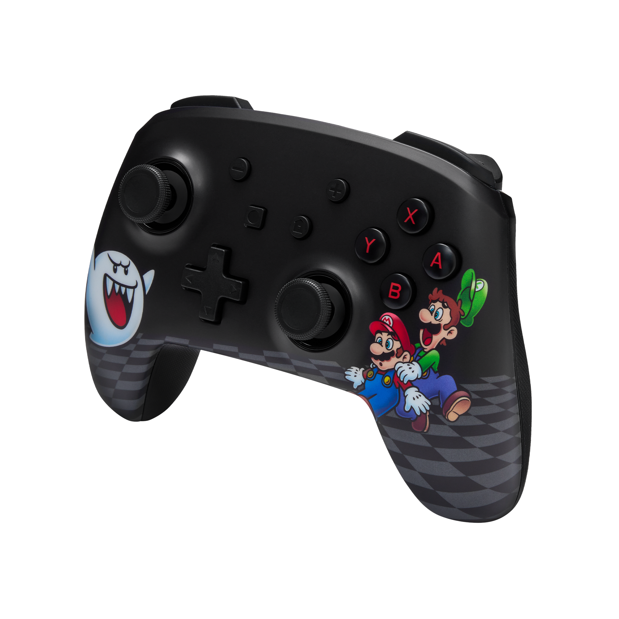 Schwarzer Nintendo Switch Controller mit Mario, Luigi und Boo. Knöpfe sind farbenfroh.