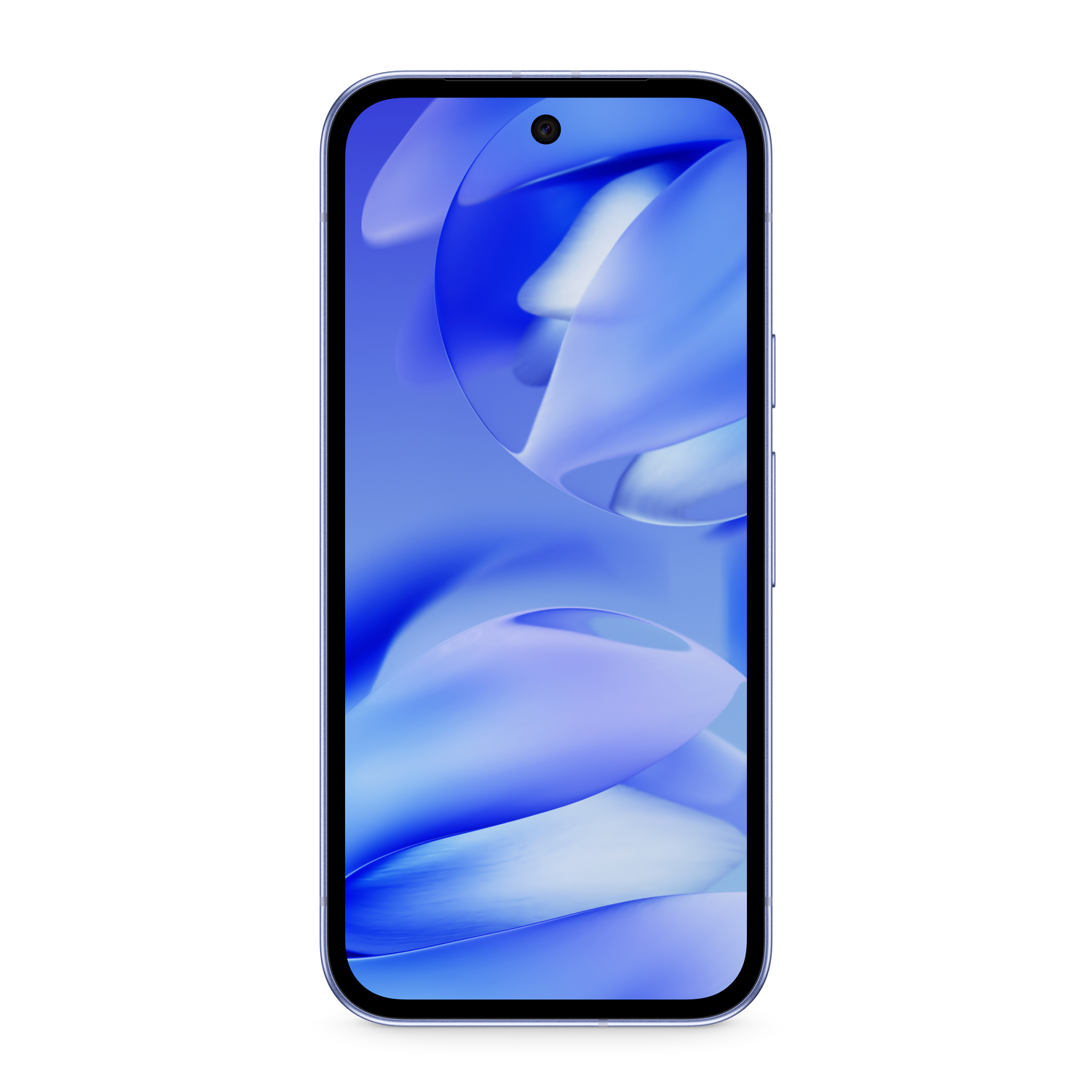 Teléfono con fondo azul, vista frontal, con diseño de onda azul.