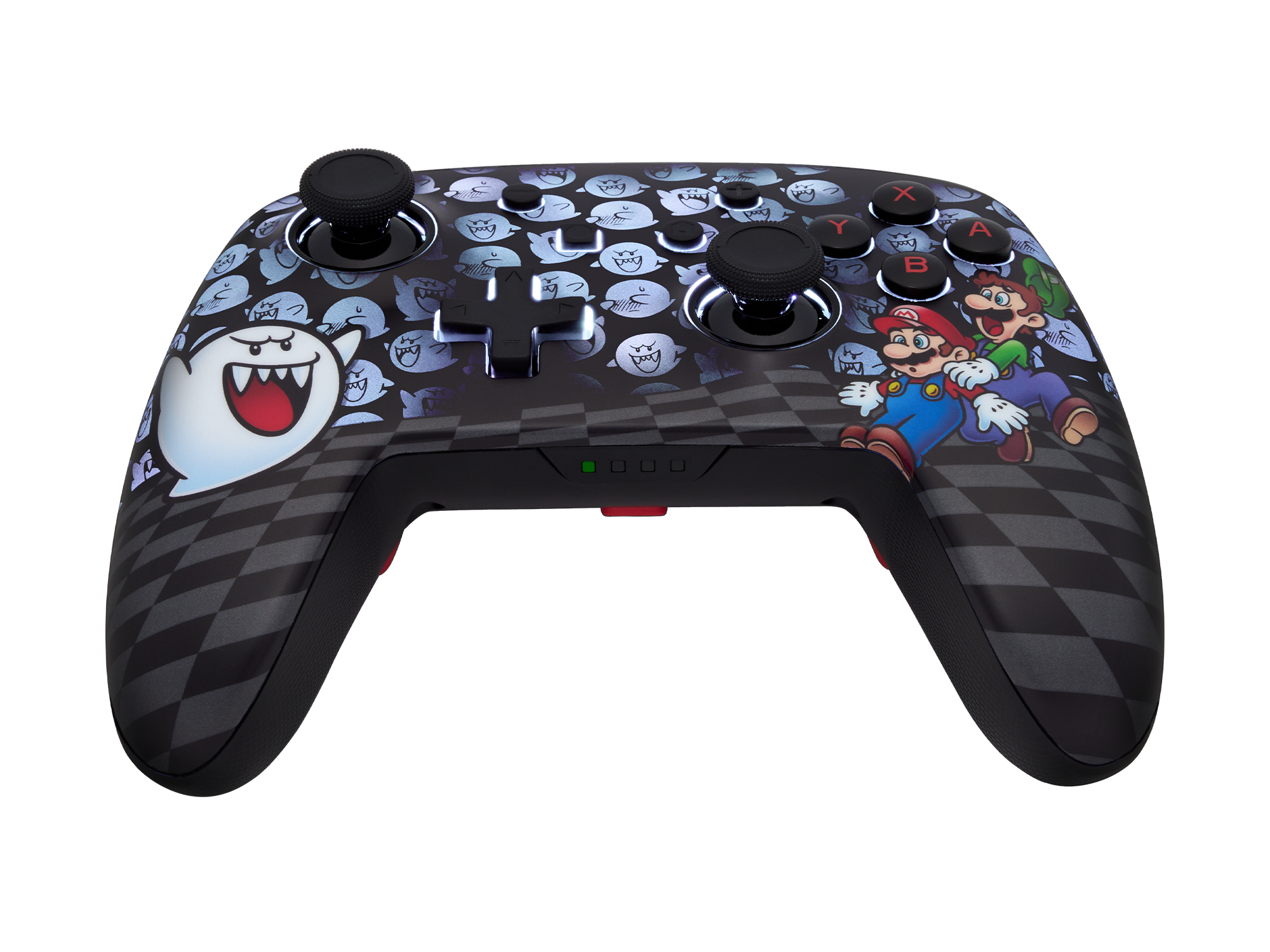 Ein schwarzer Controller mit Comicfiguren. Mario, Luigi und ein Geist sind auf dem Controller.