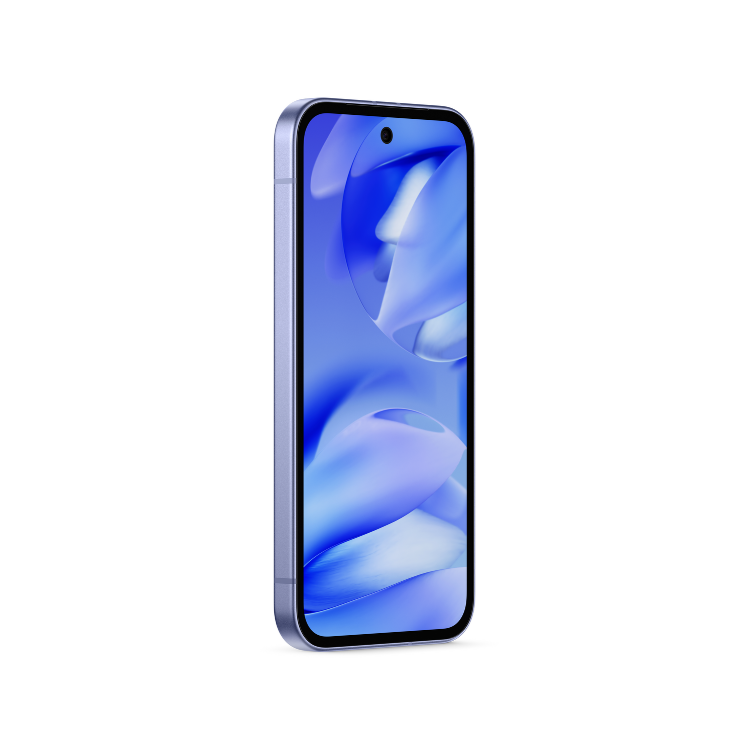 Un teléfono está de pie, en una funda azul, mostrando su pantalla, que también es azul.
