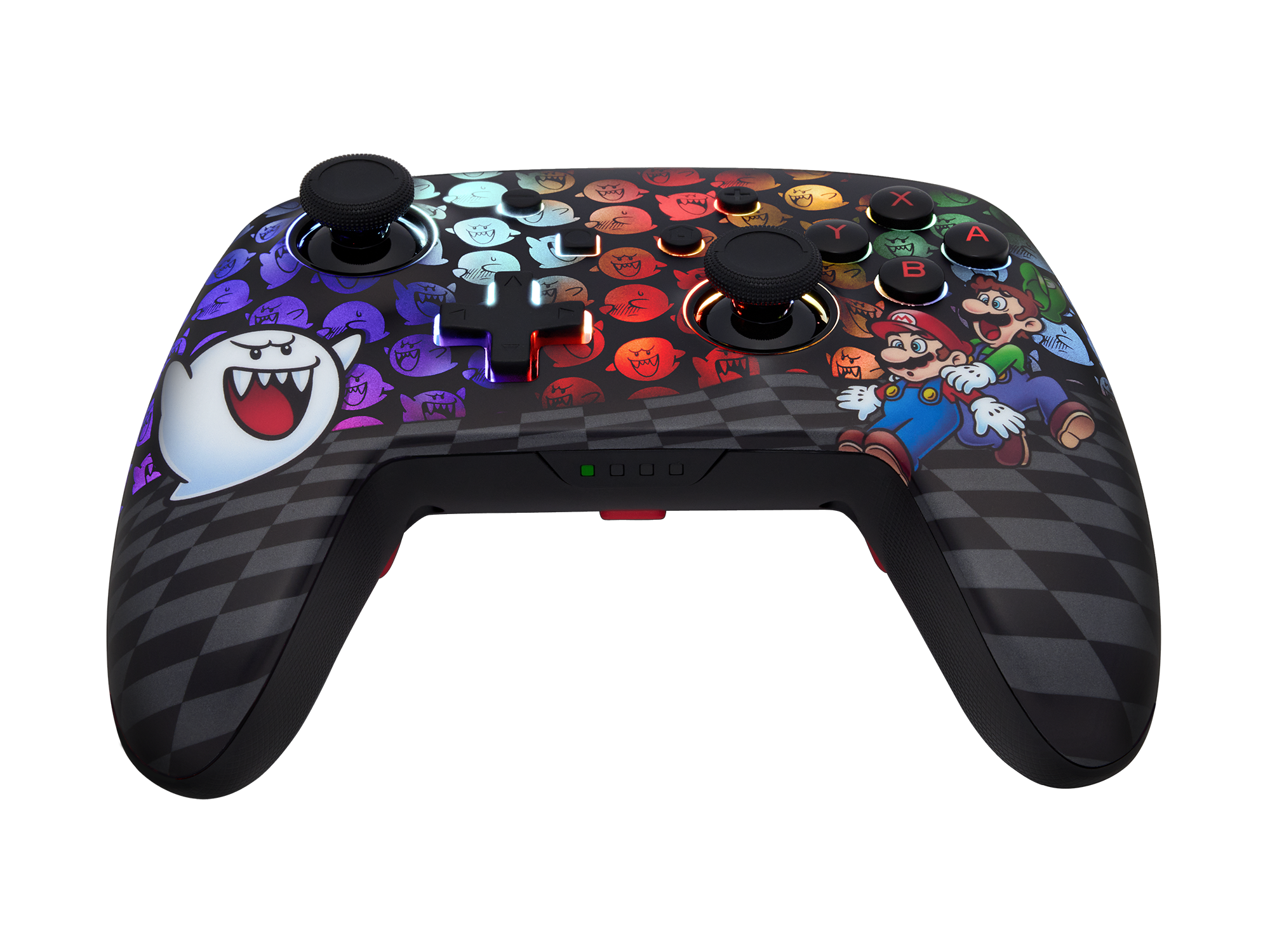 Schwarzer Nintendo Switch Controller mit Mario und Boo Grafiken.