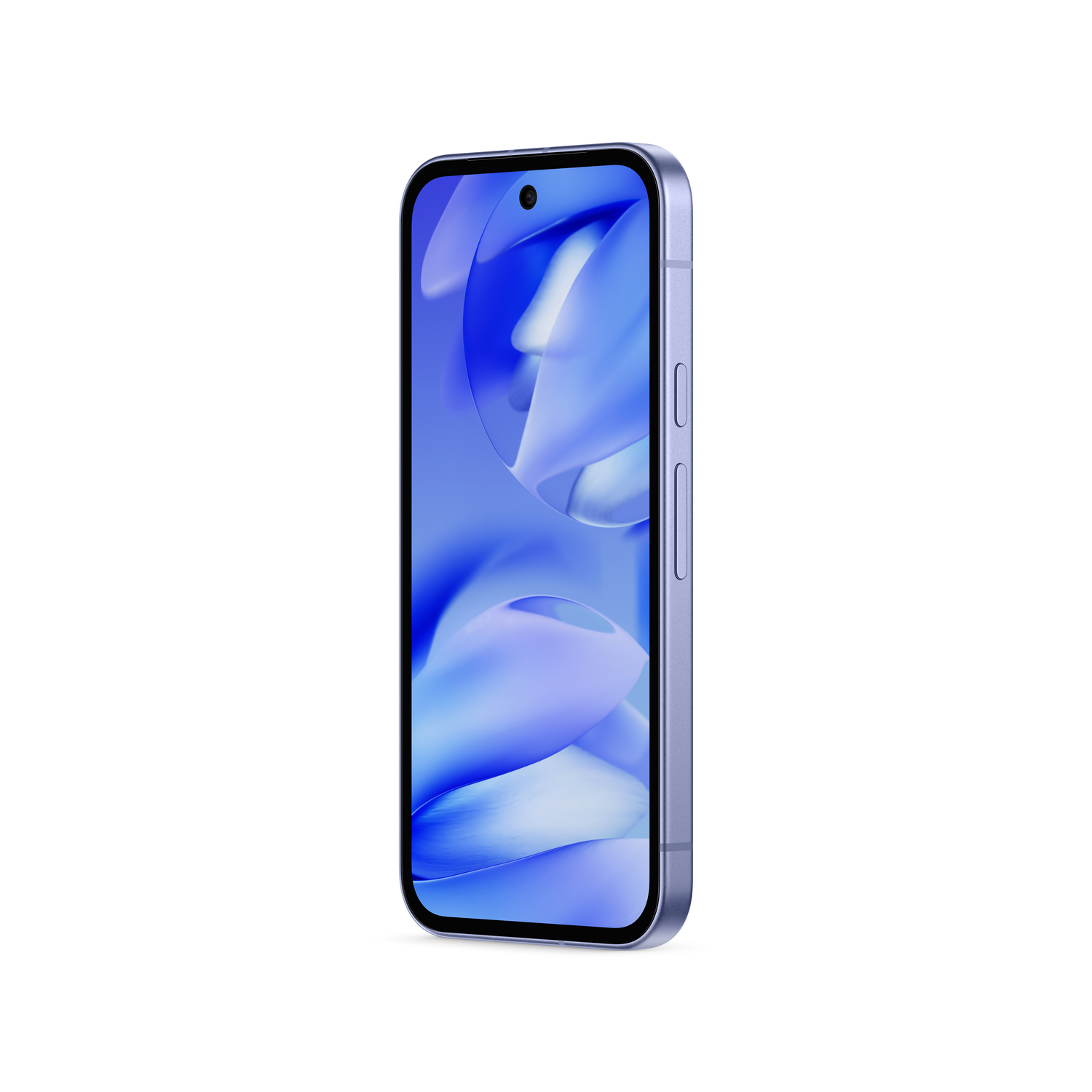 Un smartphone lila, mostrando un fondo azul en forma de onda, visto desde un ángulo lateral.