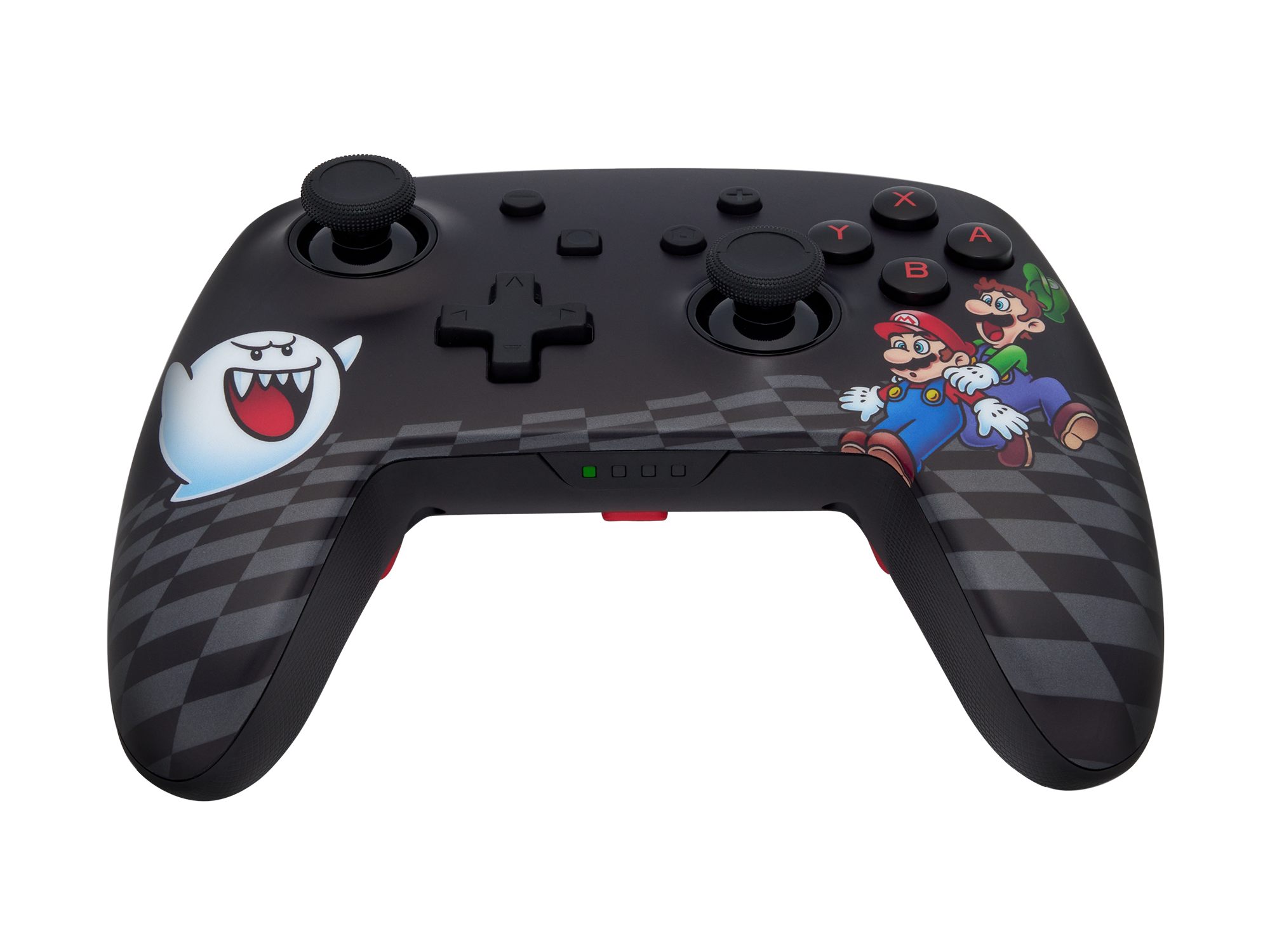 Ein schwarzer Nintendo Switch-Controller mit Mario- und Luigi-Grafiken.
