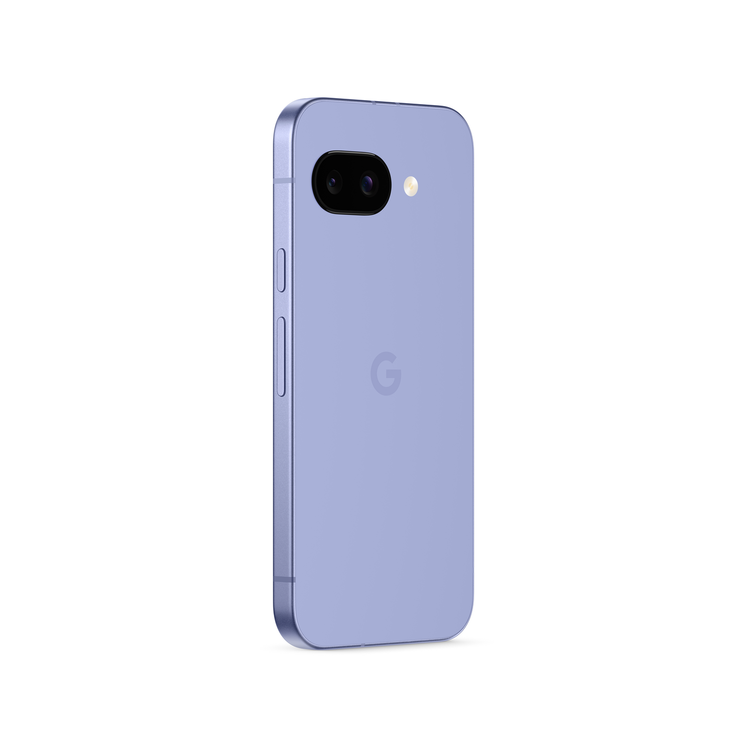 Un smartphone morado, visto desde atrás. Tiene cámaras duales y un bulto de cámara, sobre un fondo blanco.