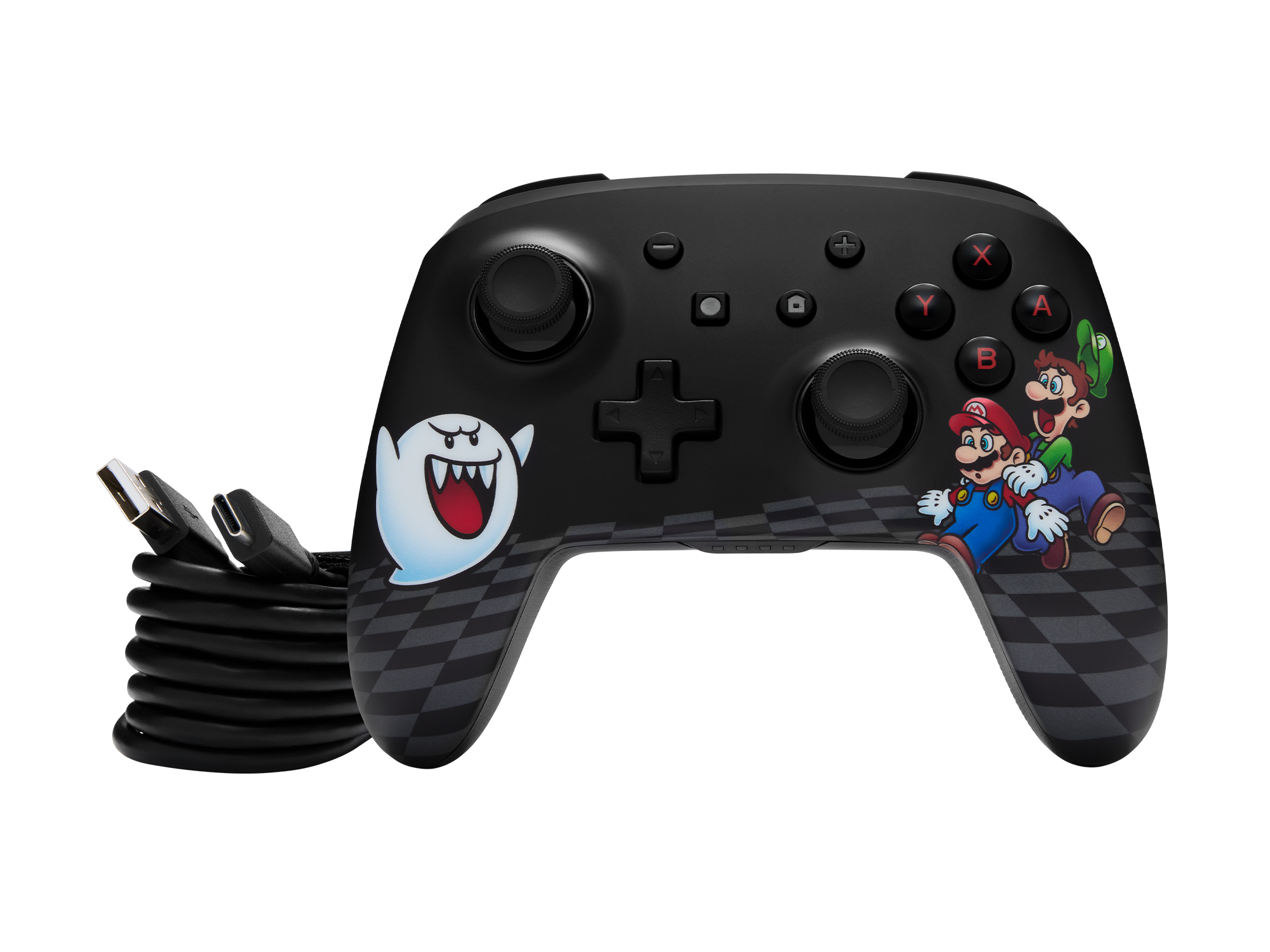 Schwarzer Nintendo Switch Controller mit Mario-Figuren und Kabel auf schwarzem Hintergrund.