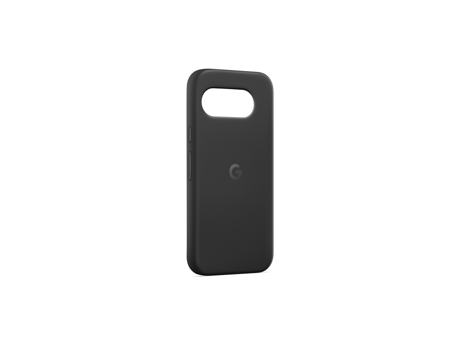 Una funda negra para teléfono con un recorte para la cámara y el logotipo de Google 'G'. Está sobre un fondo blanco.