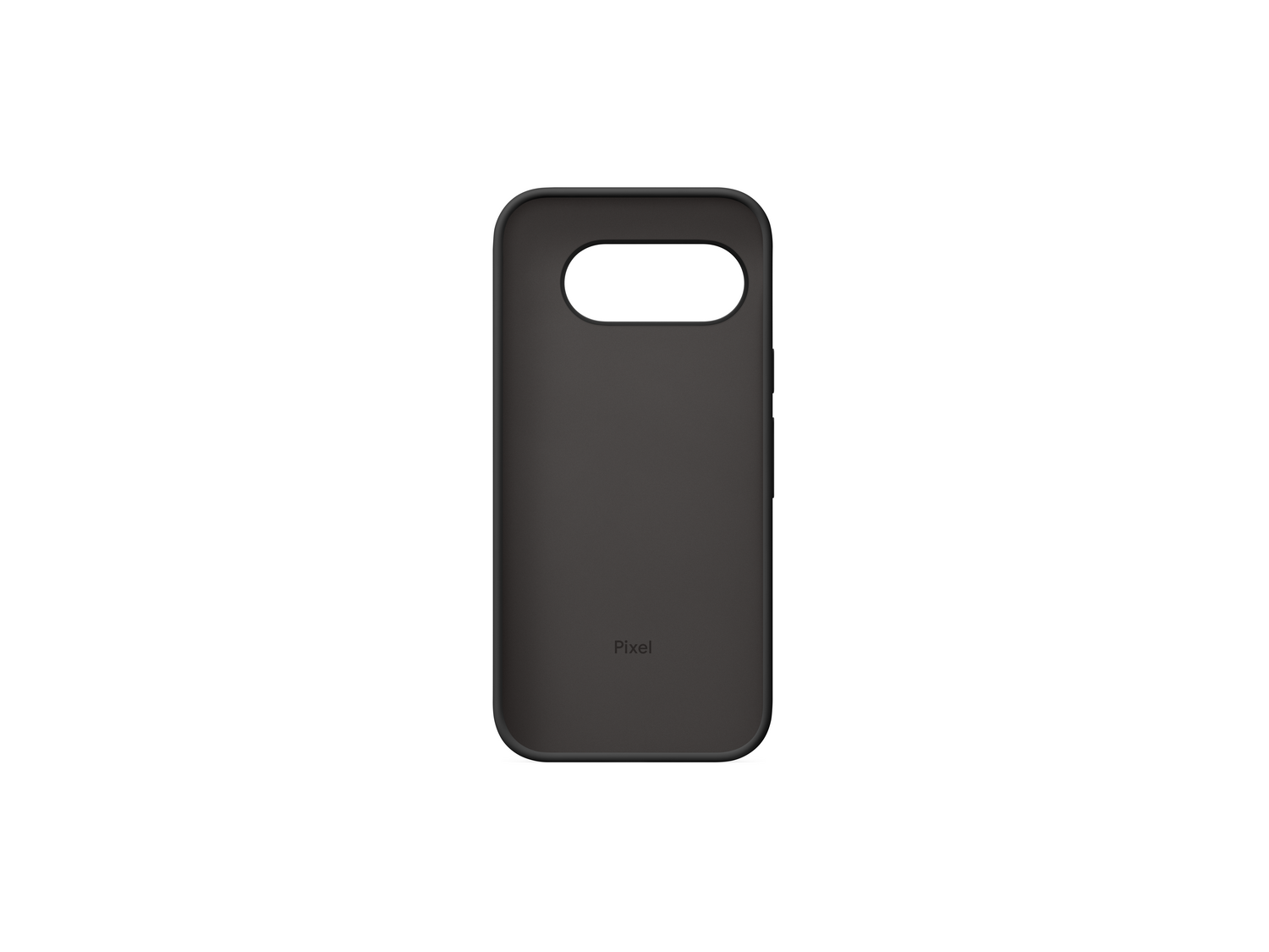 Funda negra para teléfono con Pixel impreso en la parte inferior, sobre un fondo blanco.