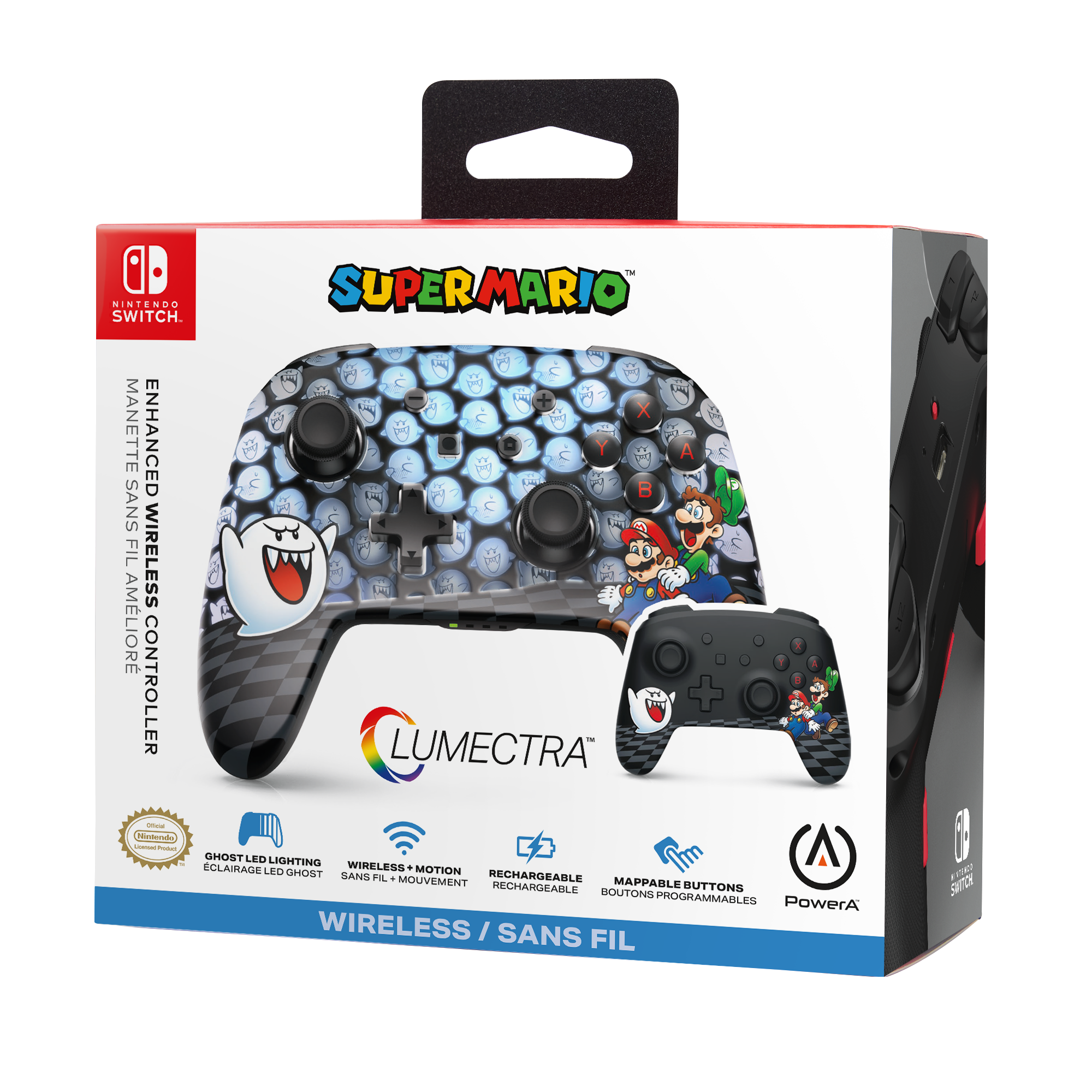 Eine Nintendo Switch Controller-Box mit Mario-Figuren und einem kleineren Controller darin.
