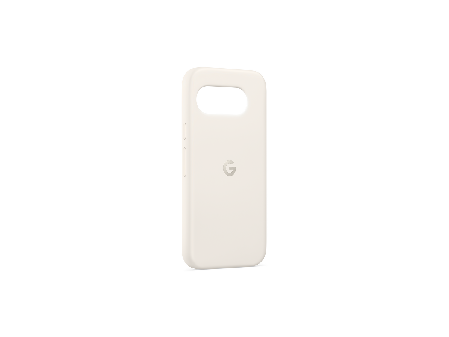 Funda de teléfono blanquecina con recorte para cámara y botones, con logo G.