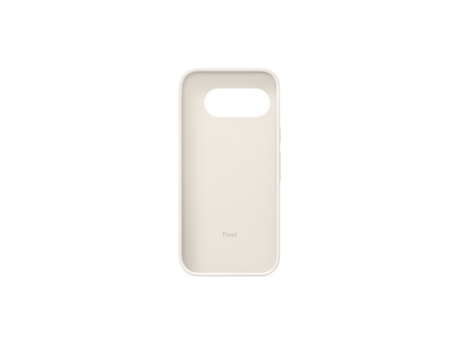 Una funda blanca para teléfono está de pie. Tiene un recorte para la cámara y la palabra Pixel.