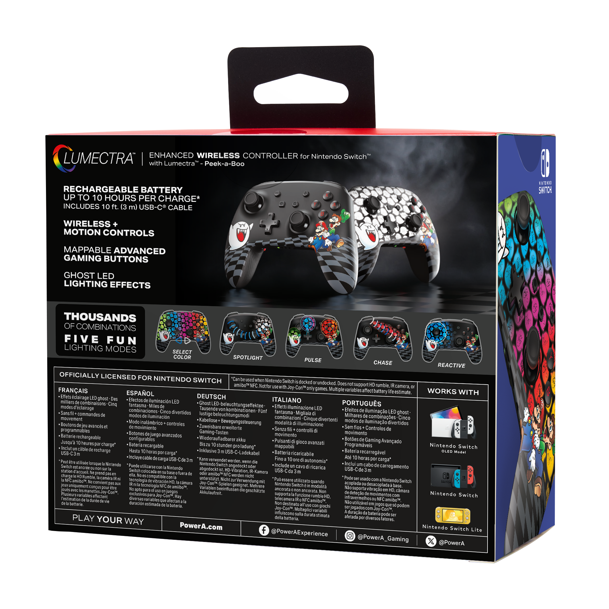 Box mit Controller für Nintendo Switch. Text und Bilder zeigen den Controller und seine Funktionen.