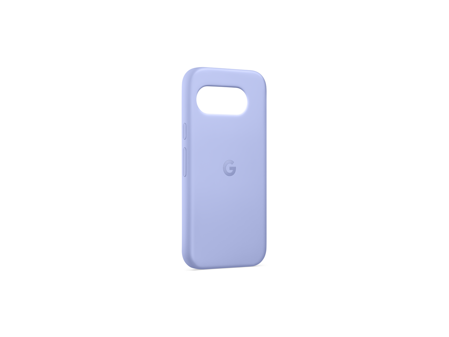 Una funda de teléfono morada clara está de pie sobre una superficie blanca.