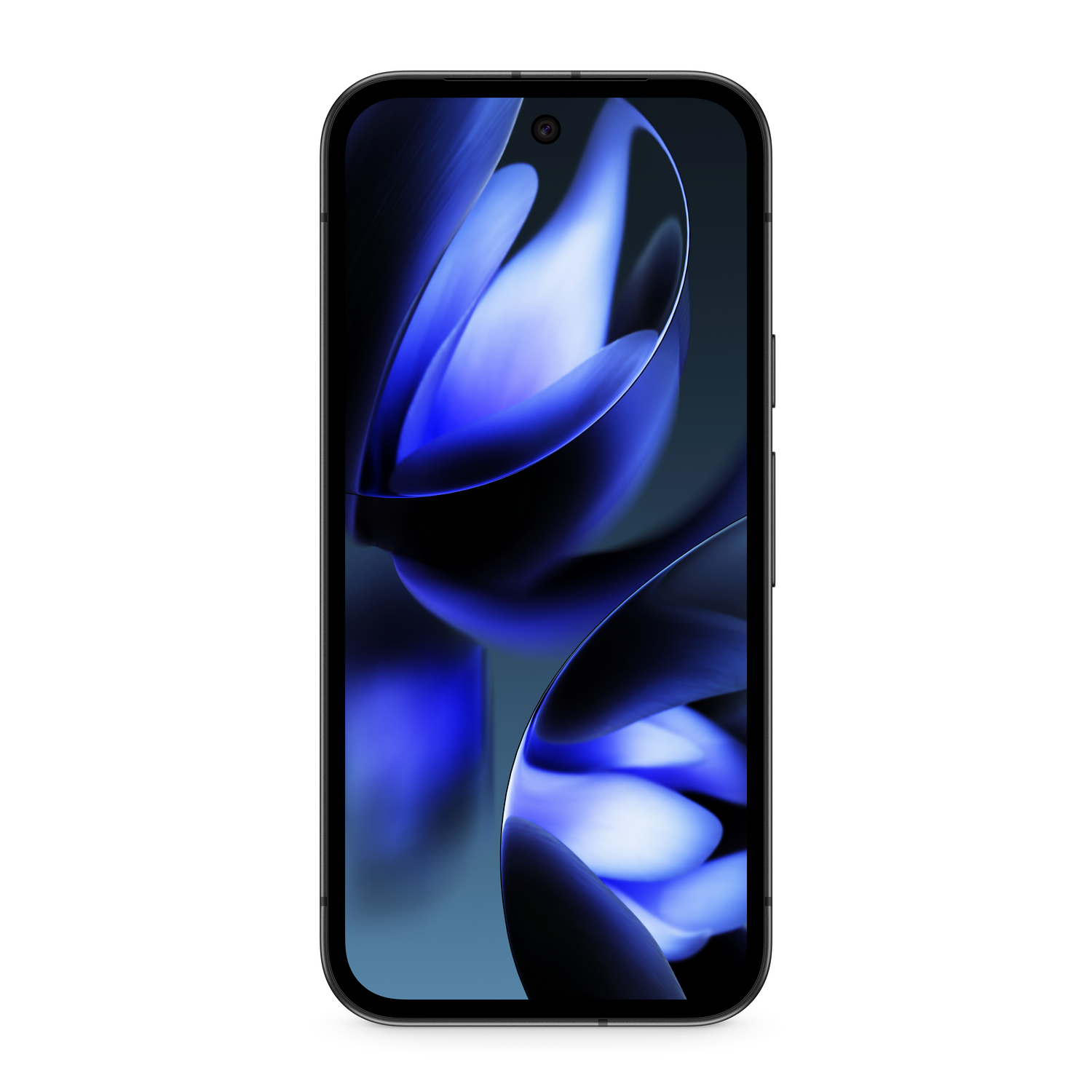 Smartphone negro con pantalla azul y blanca estampada.