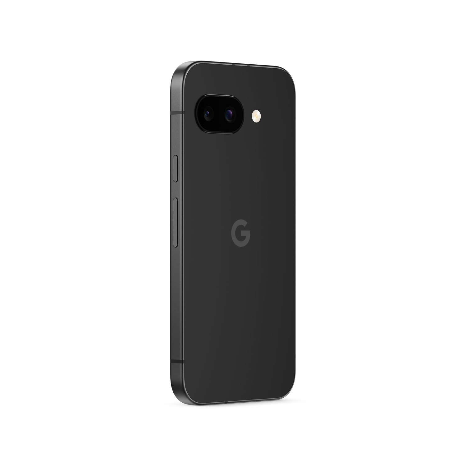 Teléfono negro, vista trasera, con el logotipo de Google y cámara dual. El teléfono está sobre un fondo blanco.