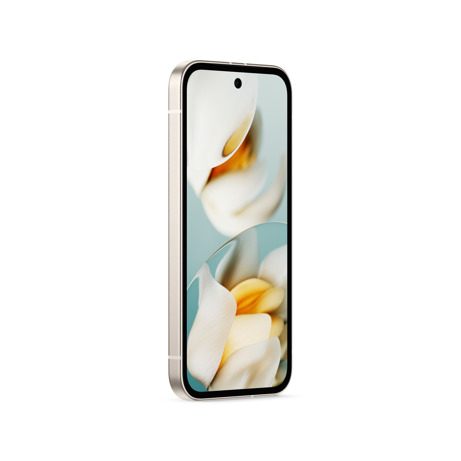 Smartphone con marco dorado y fondo floral. La pantalla muestra una flor.