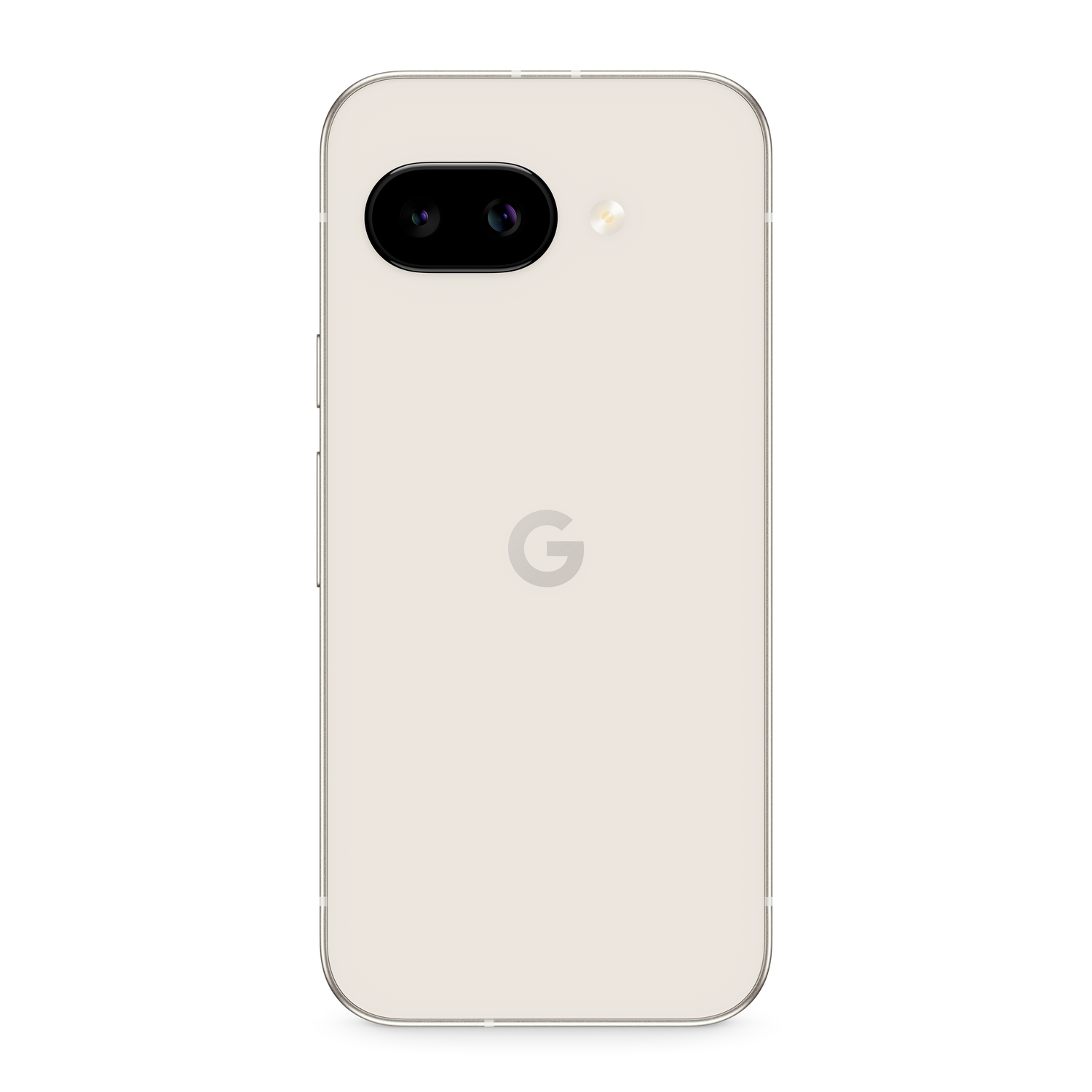 Parte trasera de teléfono color crema con cámaras duales y logo 'G'.