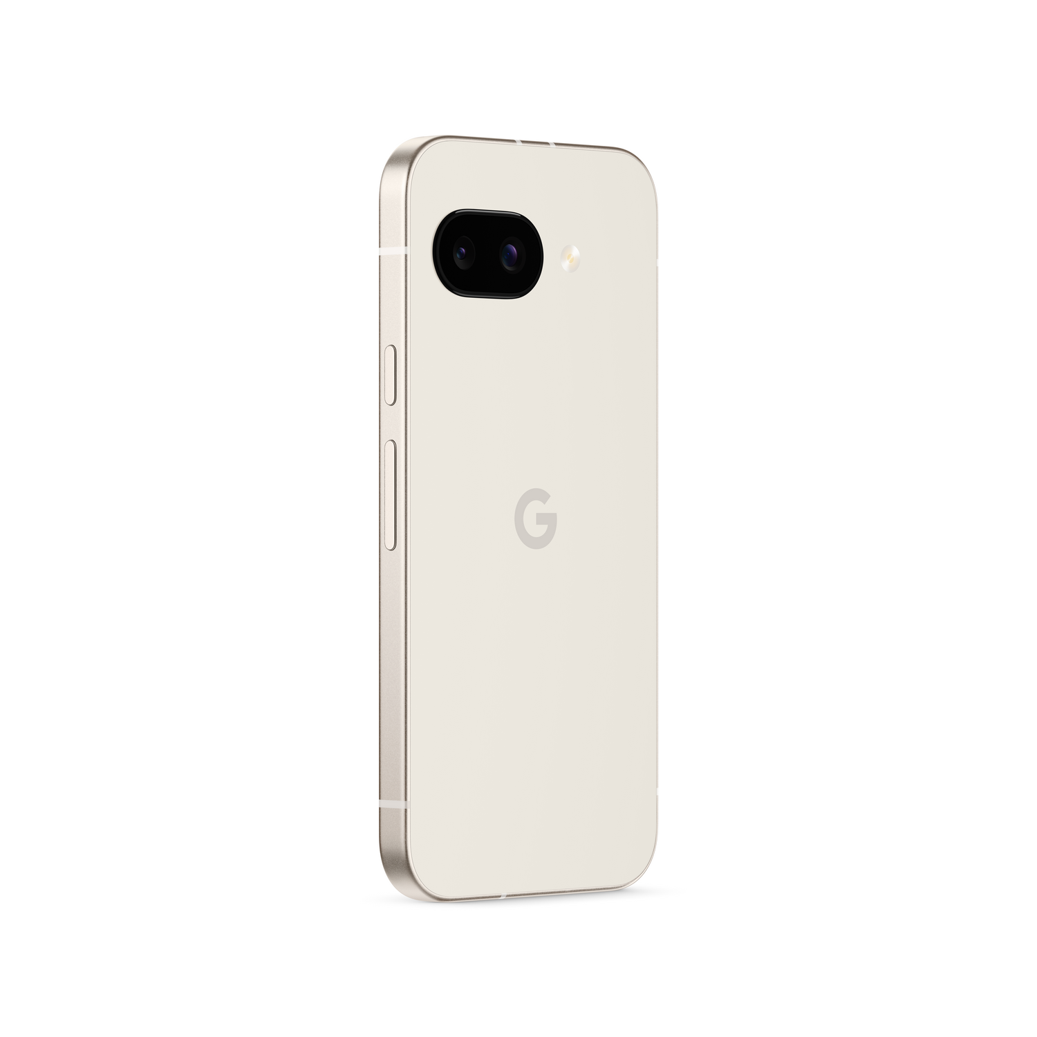 Un teléfono inteligente color crema con una configuración de cámara dual, mostrado desde la parte posterior.