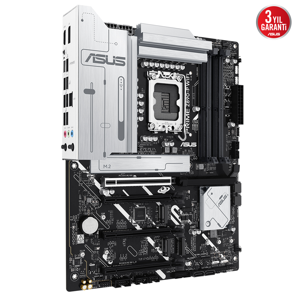 Bileşenleri olan bir ASUS anakart, gümüş ve siyah renkler.