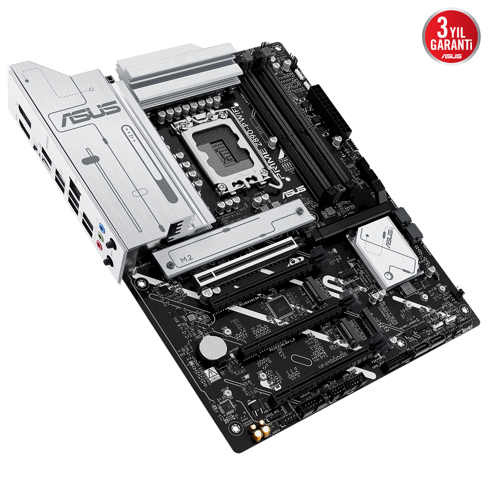 ASUS anakart, siyah ve gümüş, açılı görünüm. Üç yıllık garanti etiketi görünür.