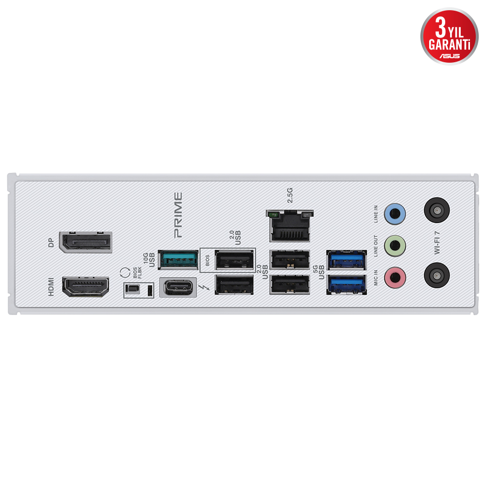 HDMI, USB ve ses jakları dahil olmak üzere çeşitli bağlantı noktalarına sahip bir anakartın arka paneli.